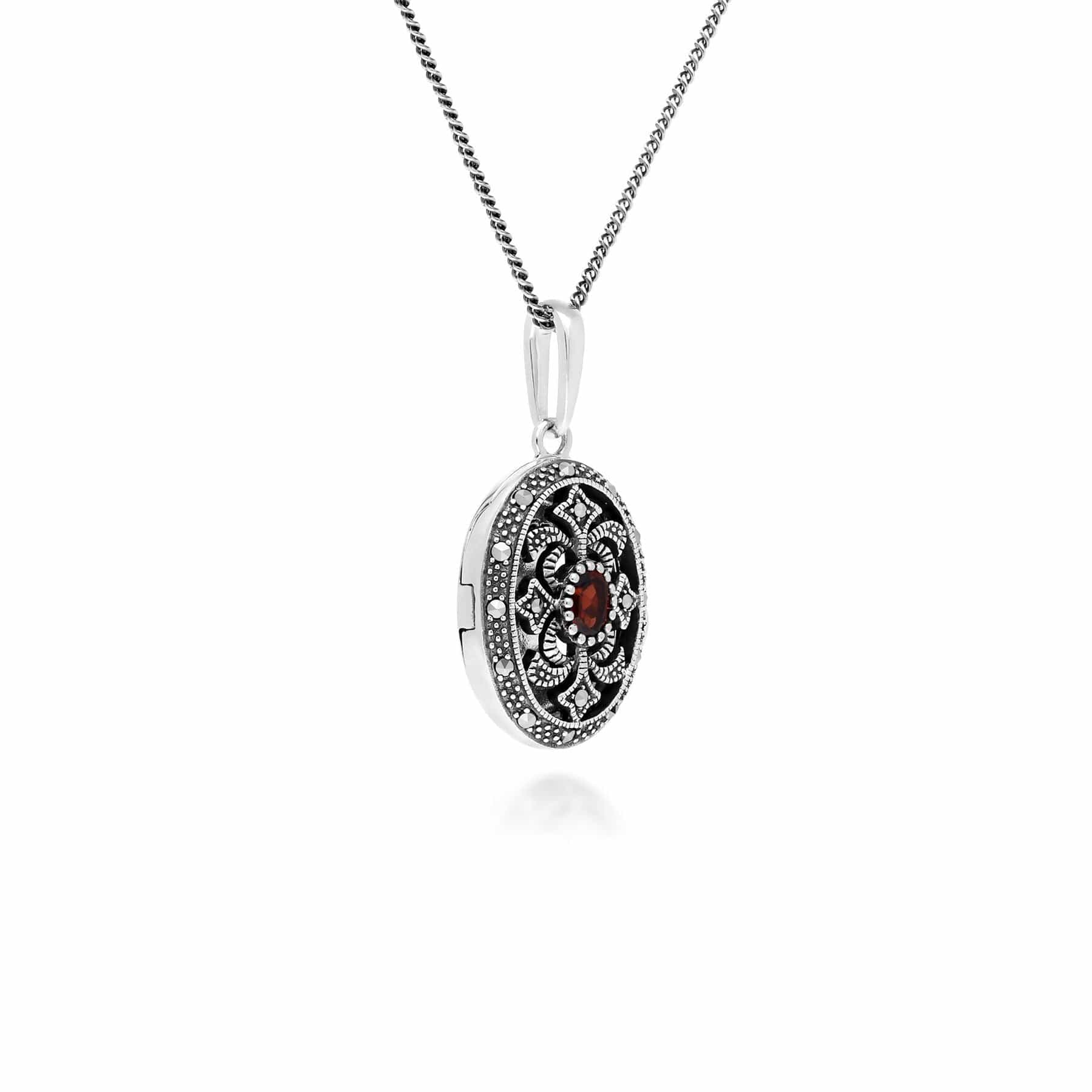 Art Nouveau Style Oval Garnet & Marcasite Locket Necklace in Sterling Silver - Gemondo