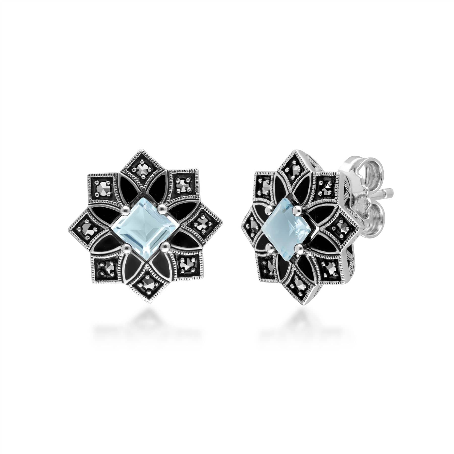 Art Deco Inspired Blue Topaz & Marcasite Star Stud Earrings