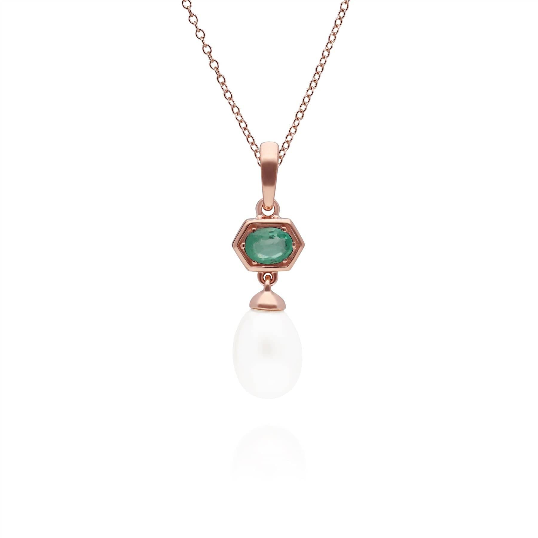 Modern Pearl & Emerald Hexagon Drop Pendant in Rose Gold Plated Sterling Silver