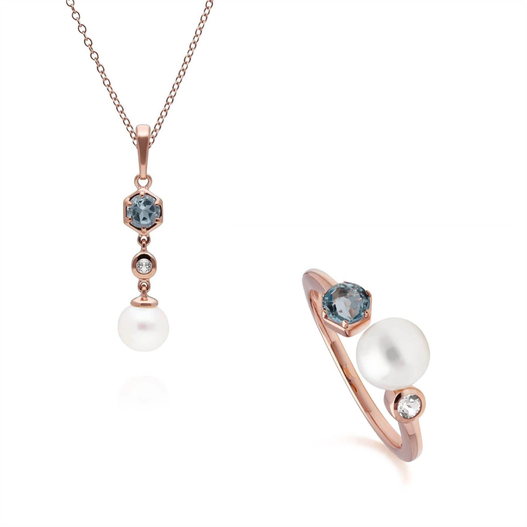 270P030310925-270R058810925 Modern Pearl & Topaz Pendant & Ring Set in Rose Gold Plated Sterling Silver 1