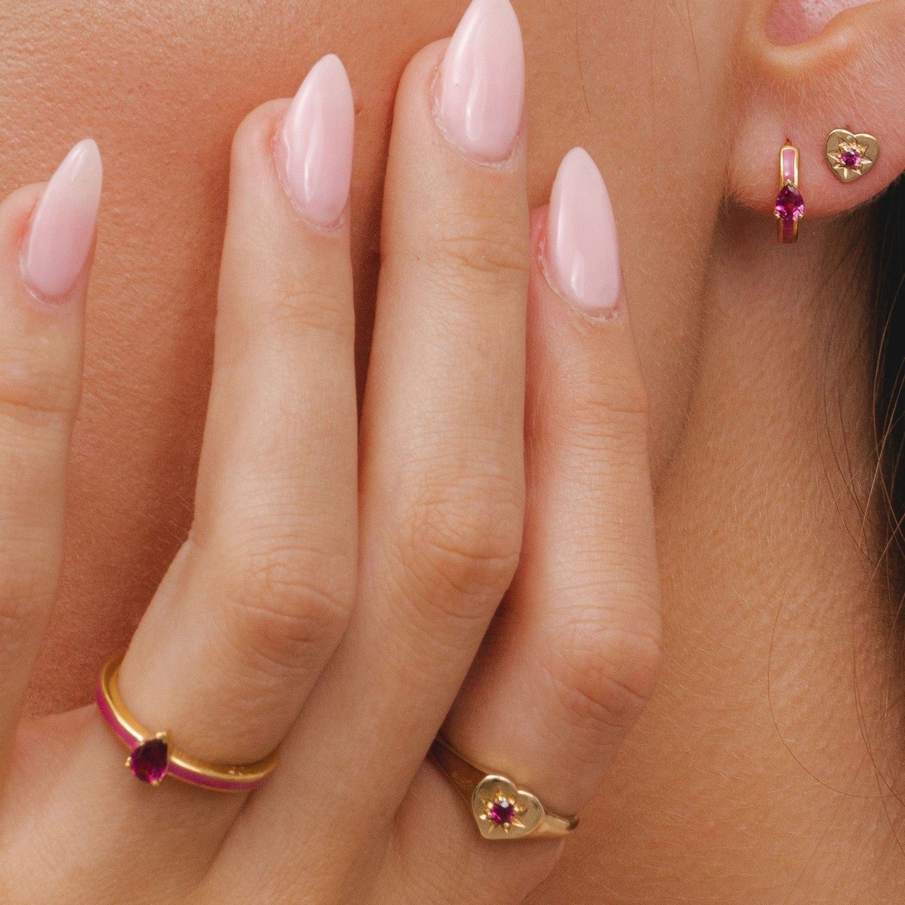 Siberian Waltz Pink Enamel & Rhodolite Hoop Earrings in Gold Plated Silver - Gemondo