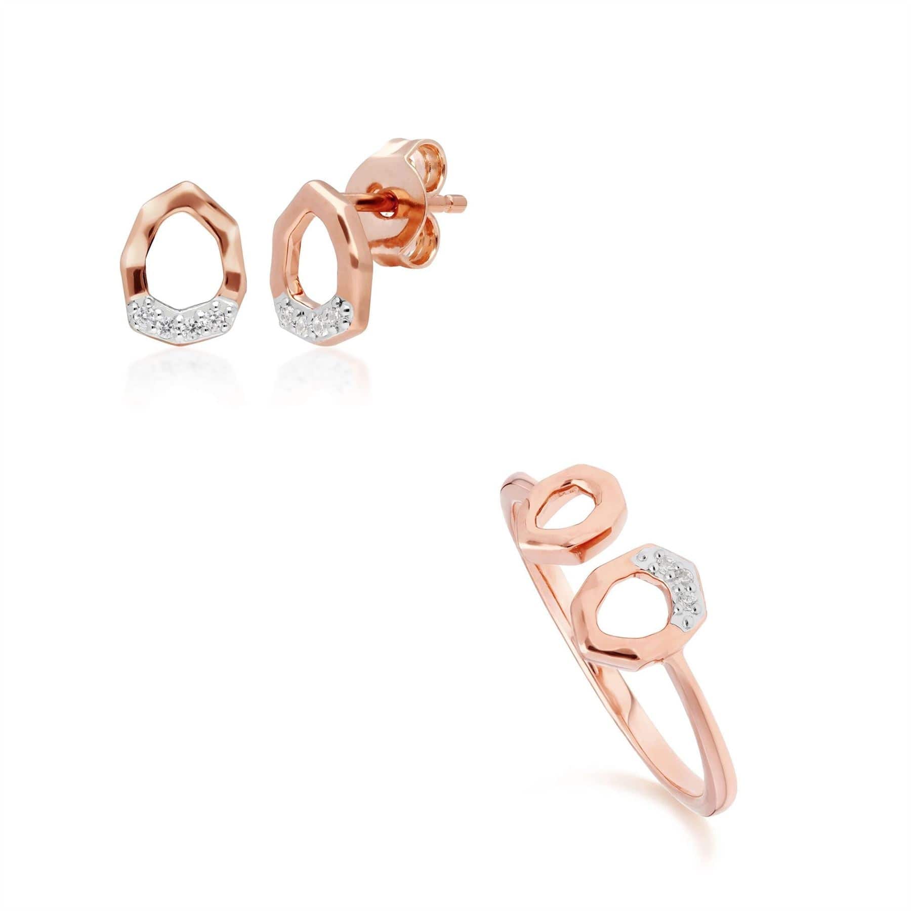 Diamond Pave Asymmetrical Stud Earring & Ring Set in 9ct Rose Gold