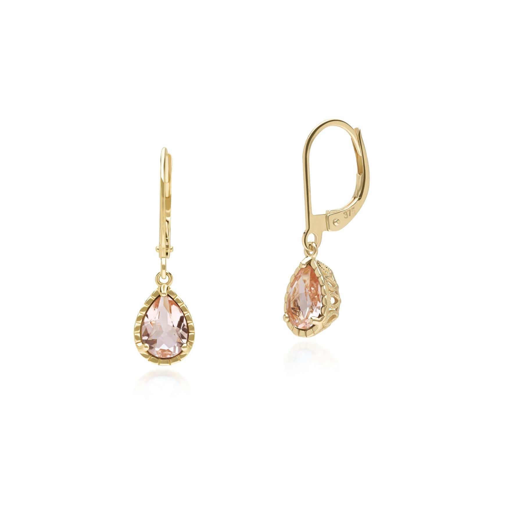 135E1811049 Classic Pear Morganite Dangle Earrings in 9ct Yellow Gold 1