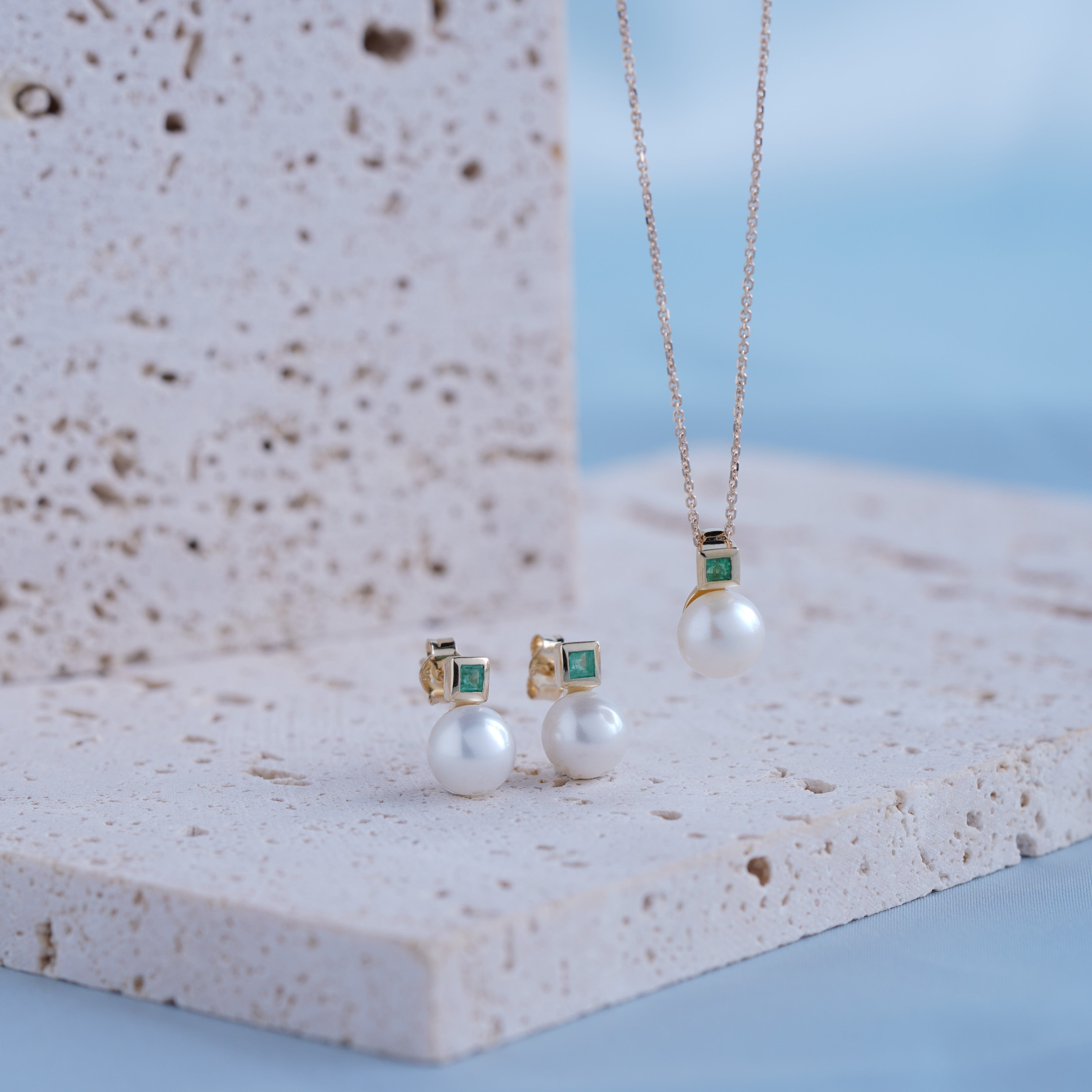 Modern Pearl & Square Emerald Pendant in 9ct Yellow Gold