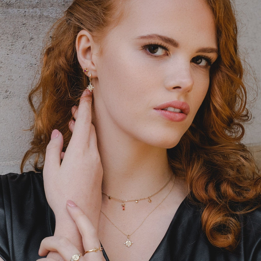 133E4107019 ECFEW™ White Topaz Fleur De Lis Hoop Earrings In 9ct Yellow Gold 3