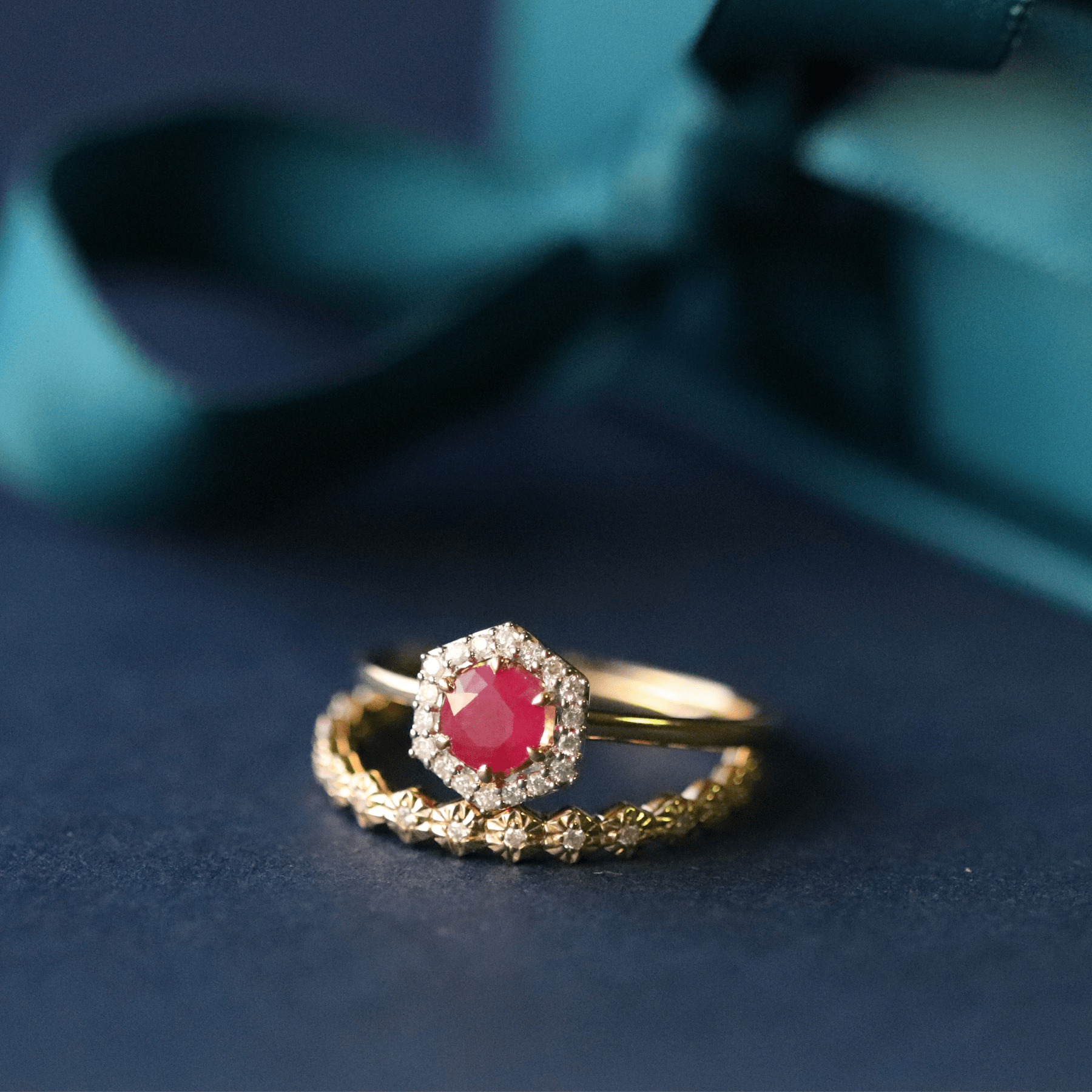 Yellow Gold Ruby & Diamond Engagement Ring Stack
