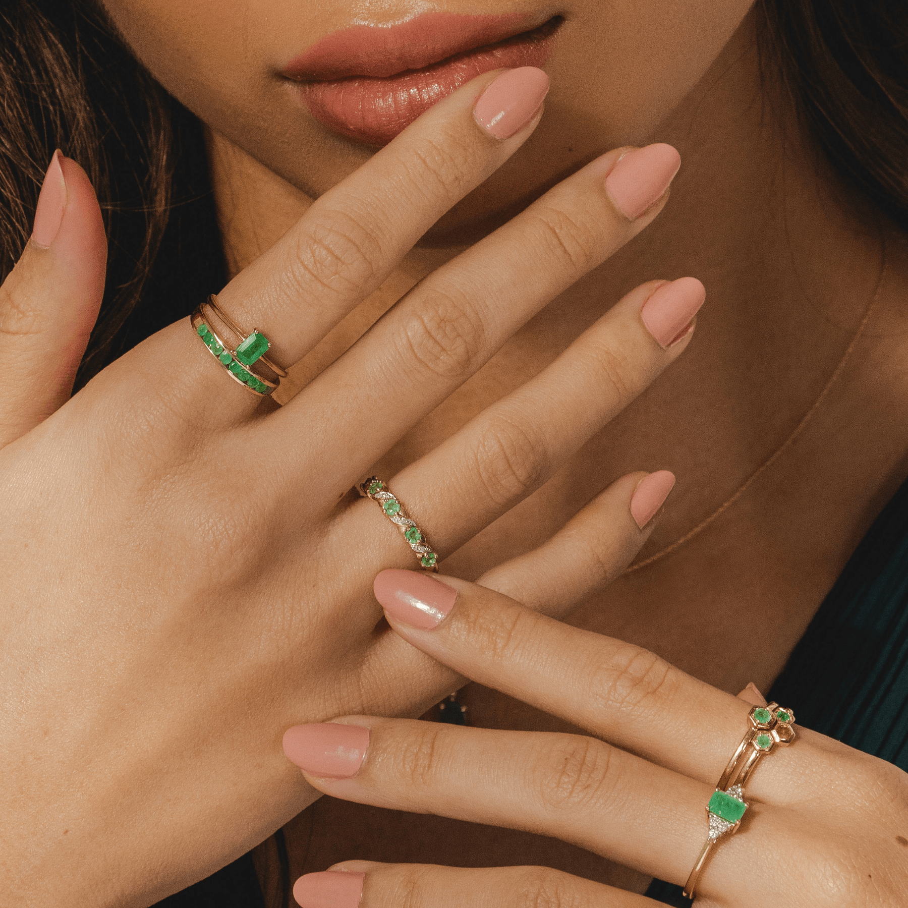 Classic Art Nouveau Style Emerald & Diamond Half Eternity Ring In 9ct Yellow Gold 