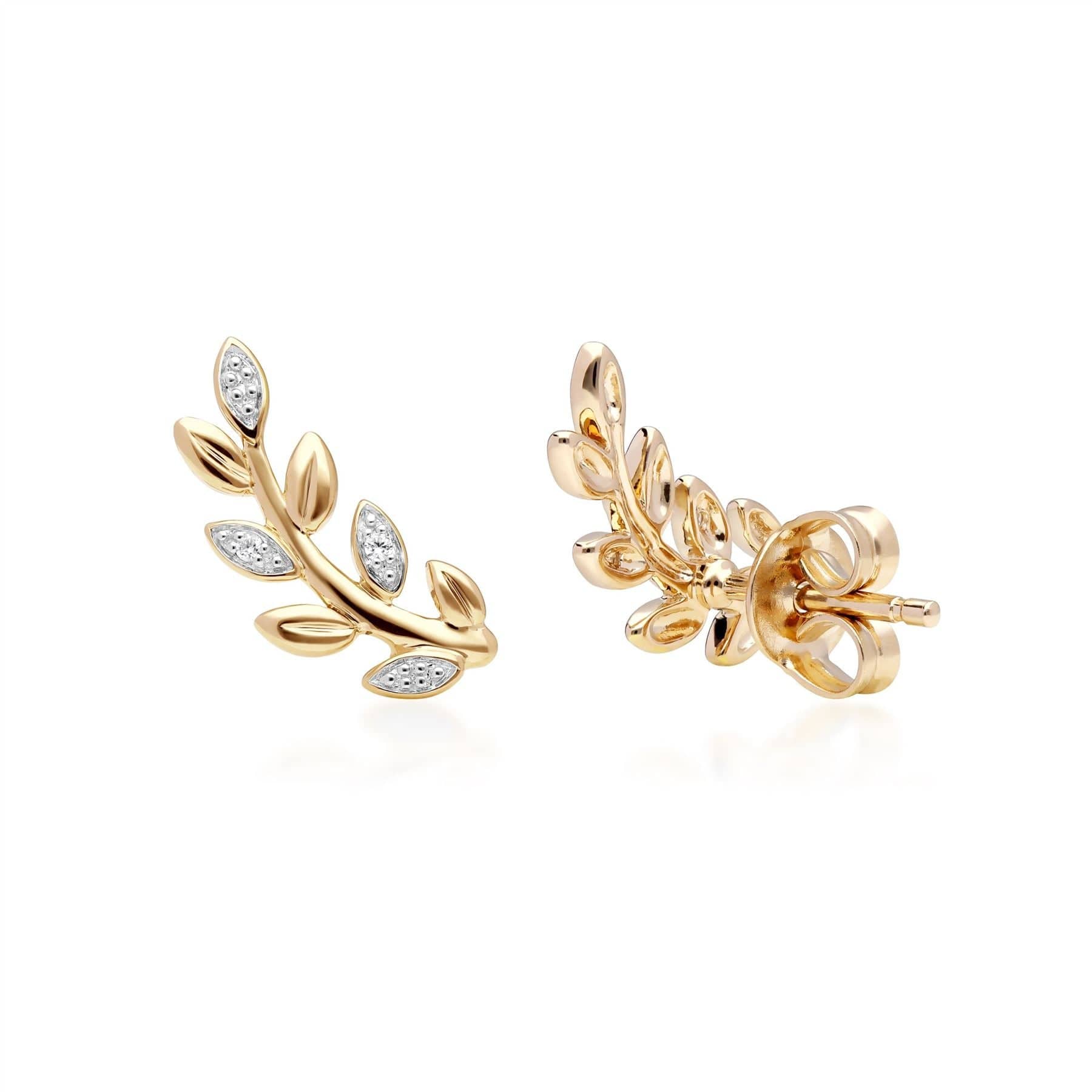191E0403019 O Leaf Diamond Pave Stud Earrings in 9ct Yellow Gold 3