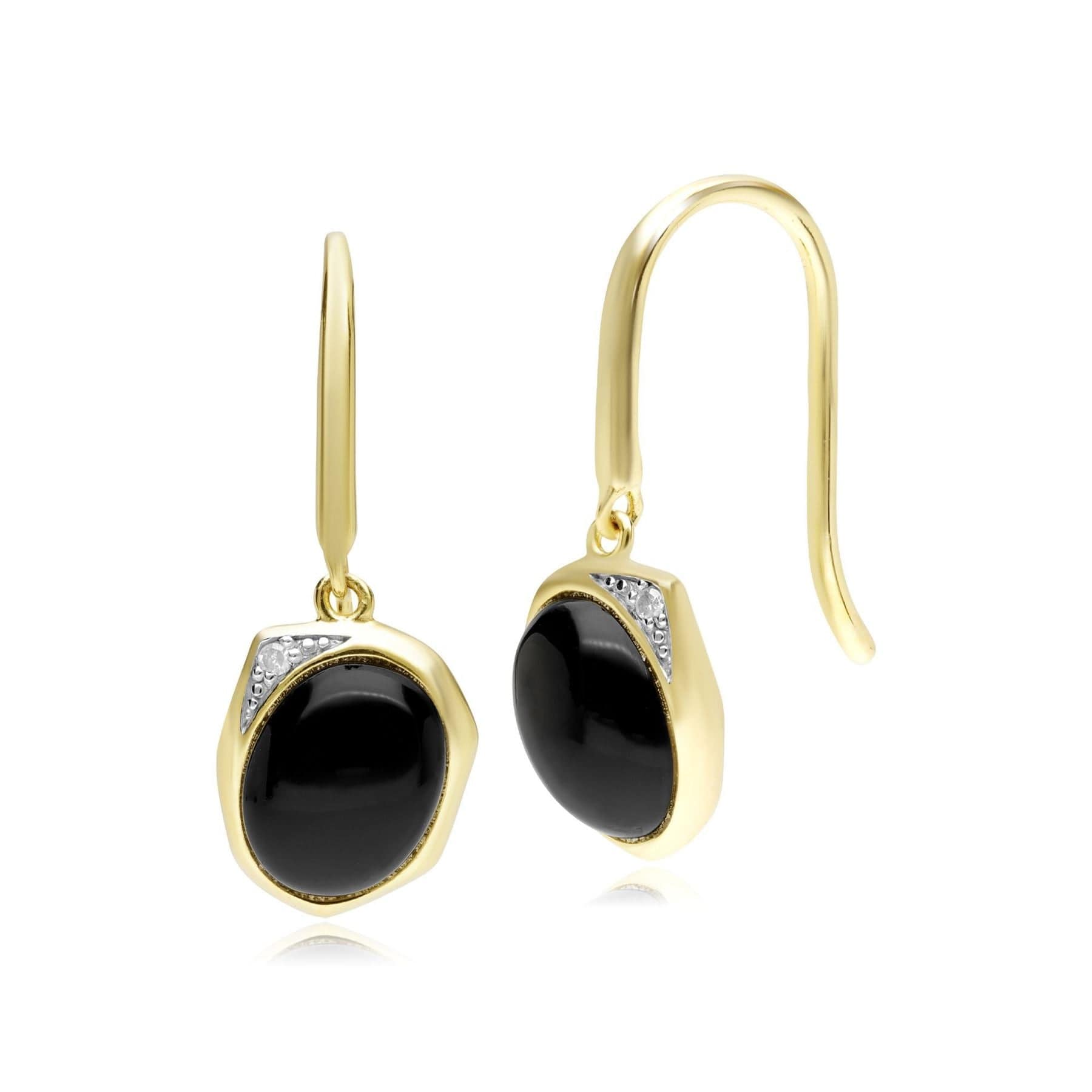 270E027107925 Irregular B Gem Black Onyx & Diamond Drop Earrings In Yellow Gold Plated Silver 1