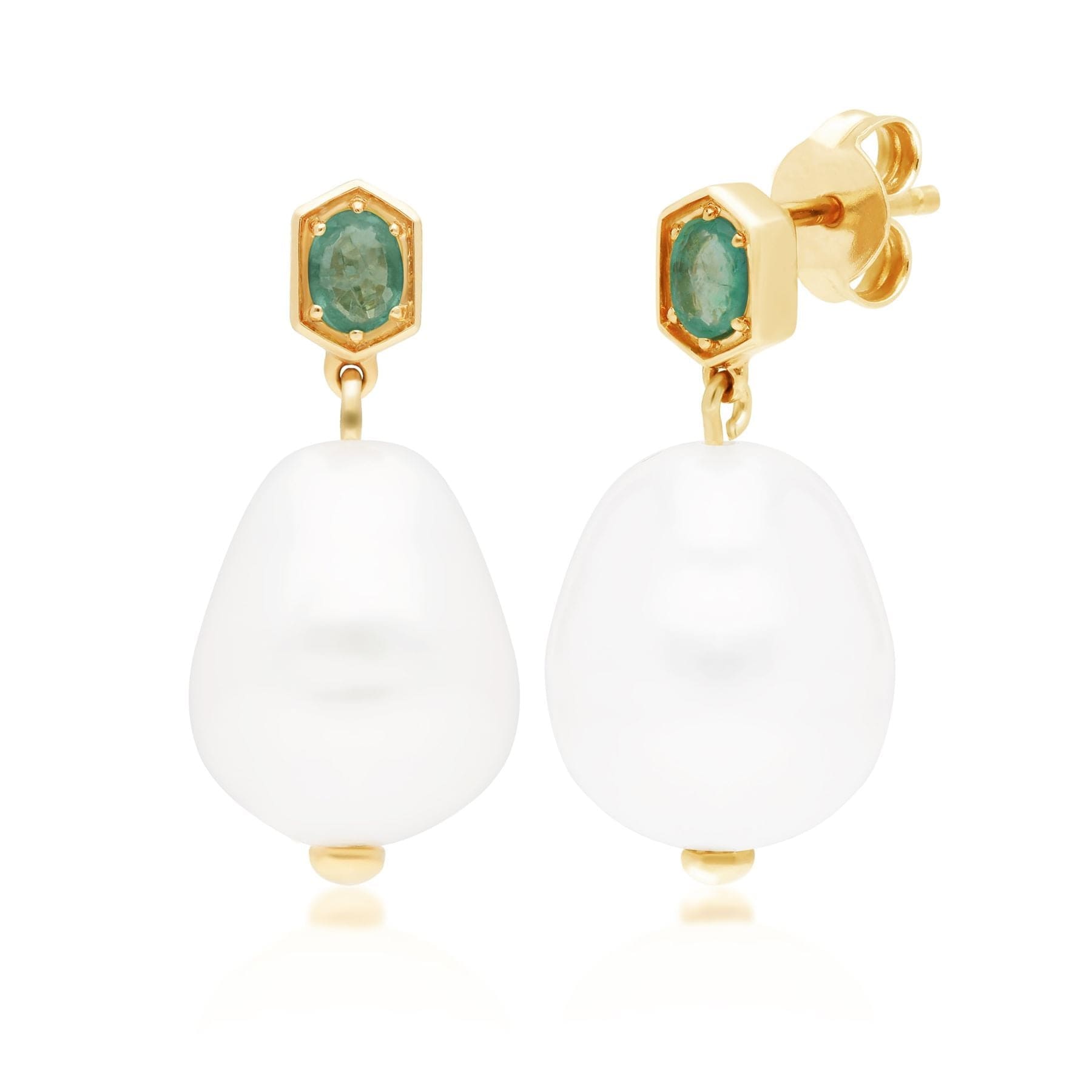 270E028204925 Modern Baroque Pearl & Emerald Drop Earrings in Gold Plated Silver 1
