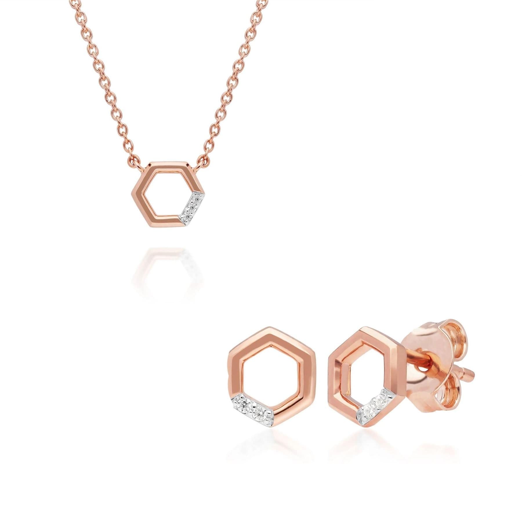 191N0230019-191E0400019 Diamond Pave Hexagon Necklace & Stud Earring Set in 9ct Rose Gold 1