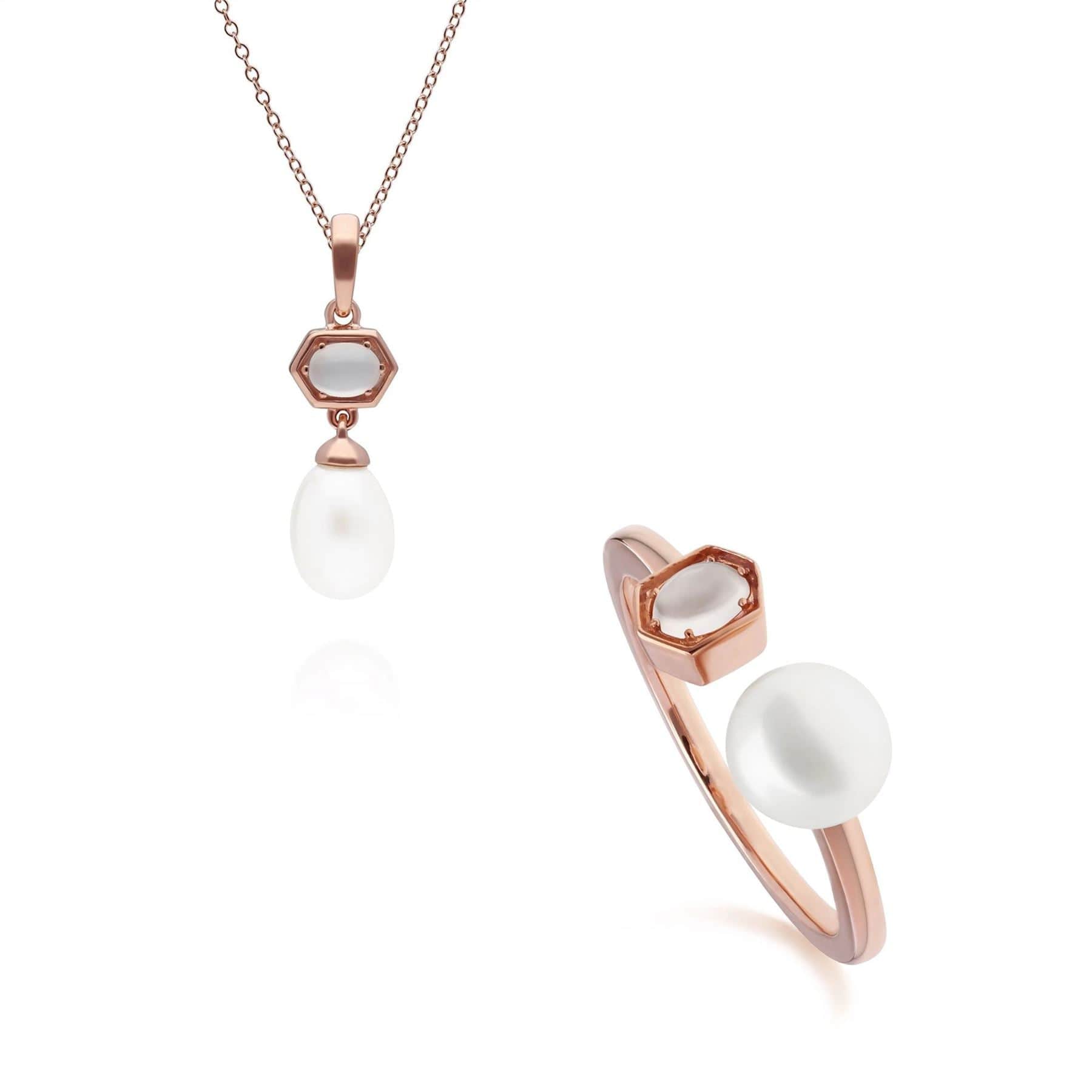270P030802925-270R059202925 Modern Pearl & Moonstone Pendant & Ring Set in Rose Gold Plated Silver 1