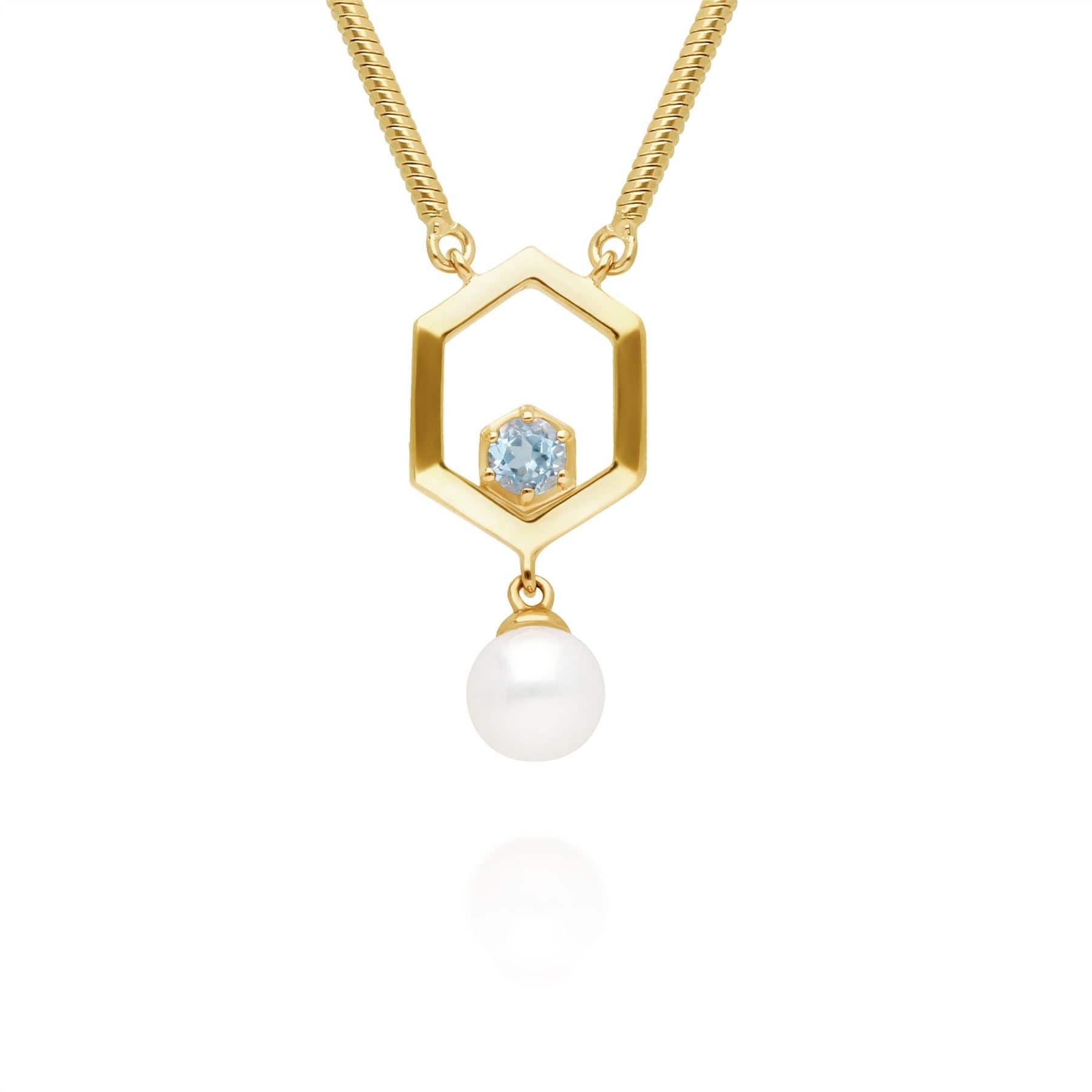 270N035805925 Modern Pearl & Aquamarine Hexagon Drop Necklace in Gold Plated Silver 1