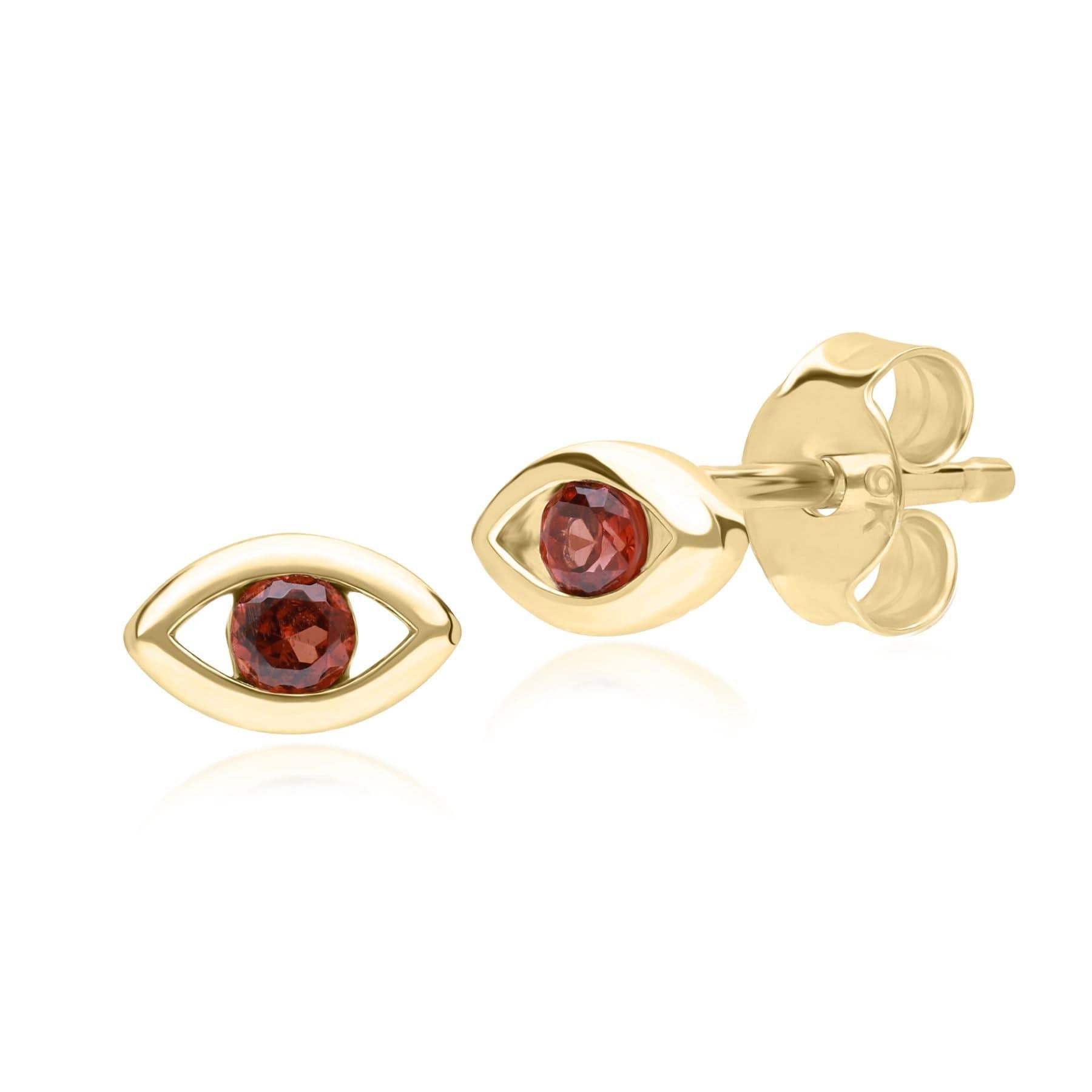 135E1825049 ECFEW™ Dainty Evil Eye Garnet Stud Earrings in 9ct Yellow Gold Front