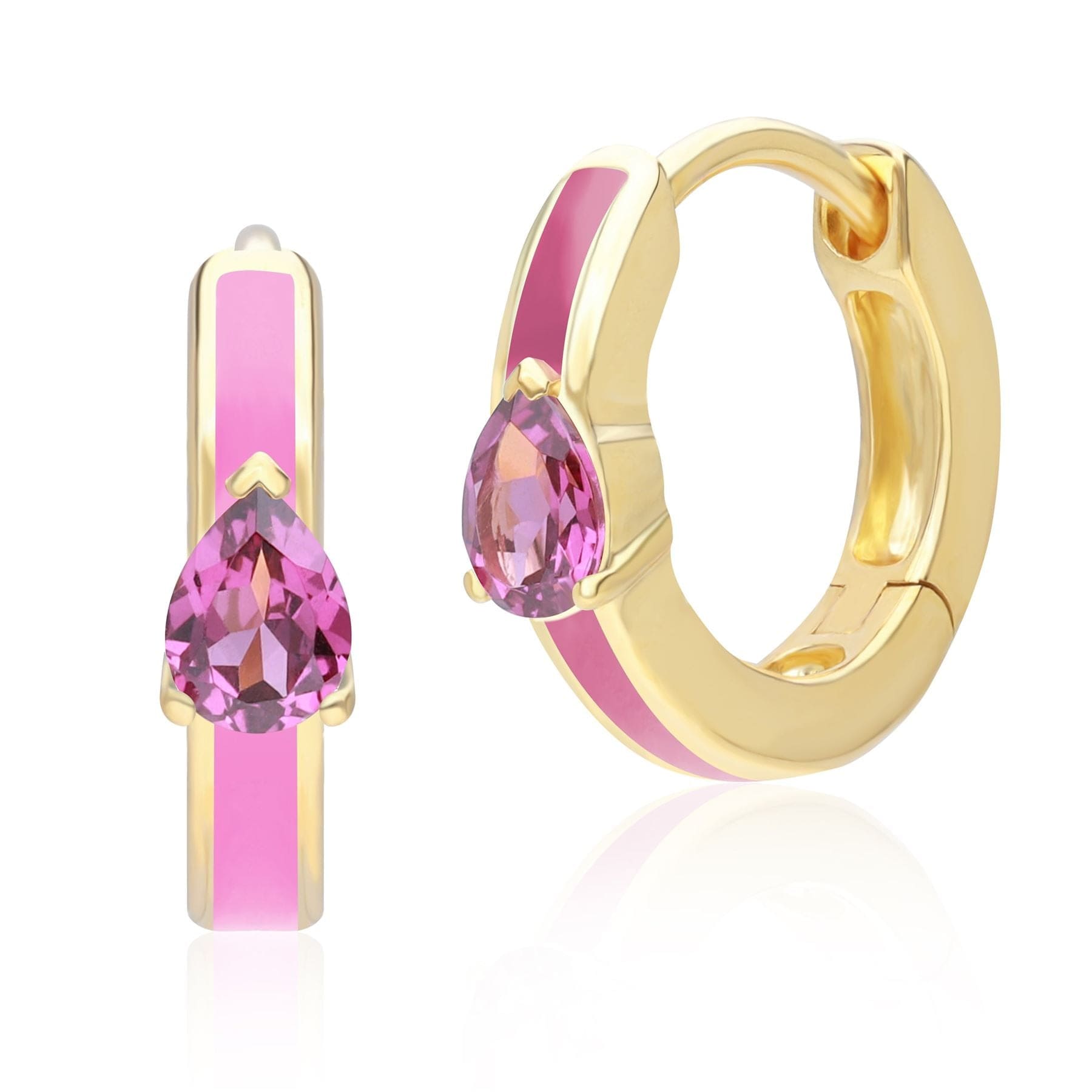 253E391601925 Siberian Waltz Pink Enamel & Rhodolite Hoop Earrings in Gold Plated Silver Front