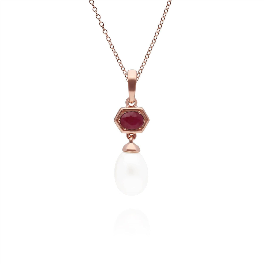 270P030402925 Modern Pearl & Ruby Hexagon Drop Pendant in Rose Gold Plated Silver 1