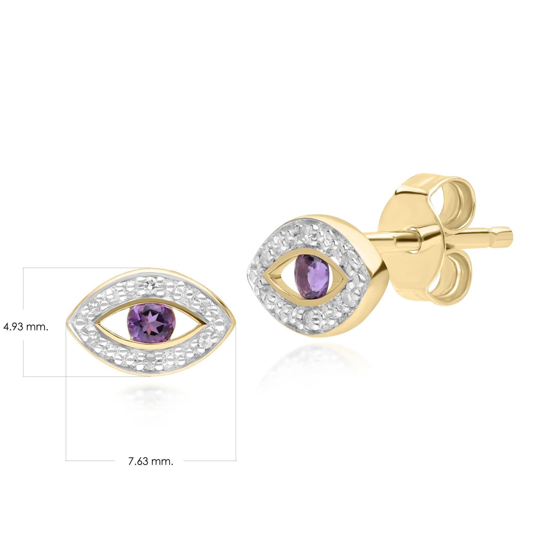 135E1824029 ECFEW™ Dainty Evil Eye Amethyst & Diamond Stud Earrings in 9ct Yellow Gold Dimensions