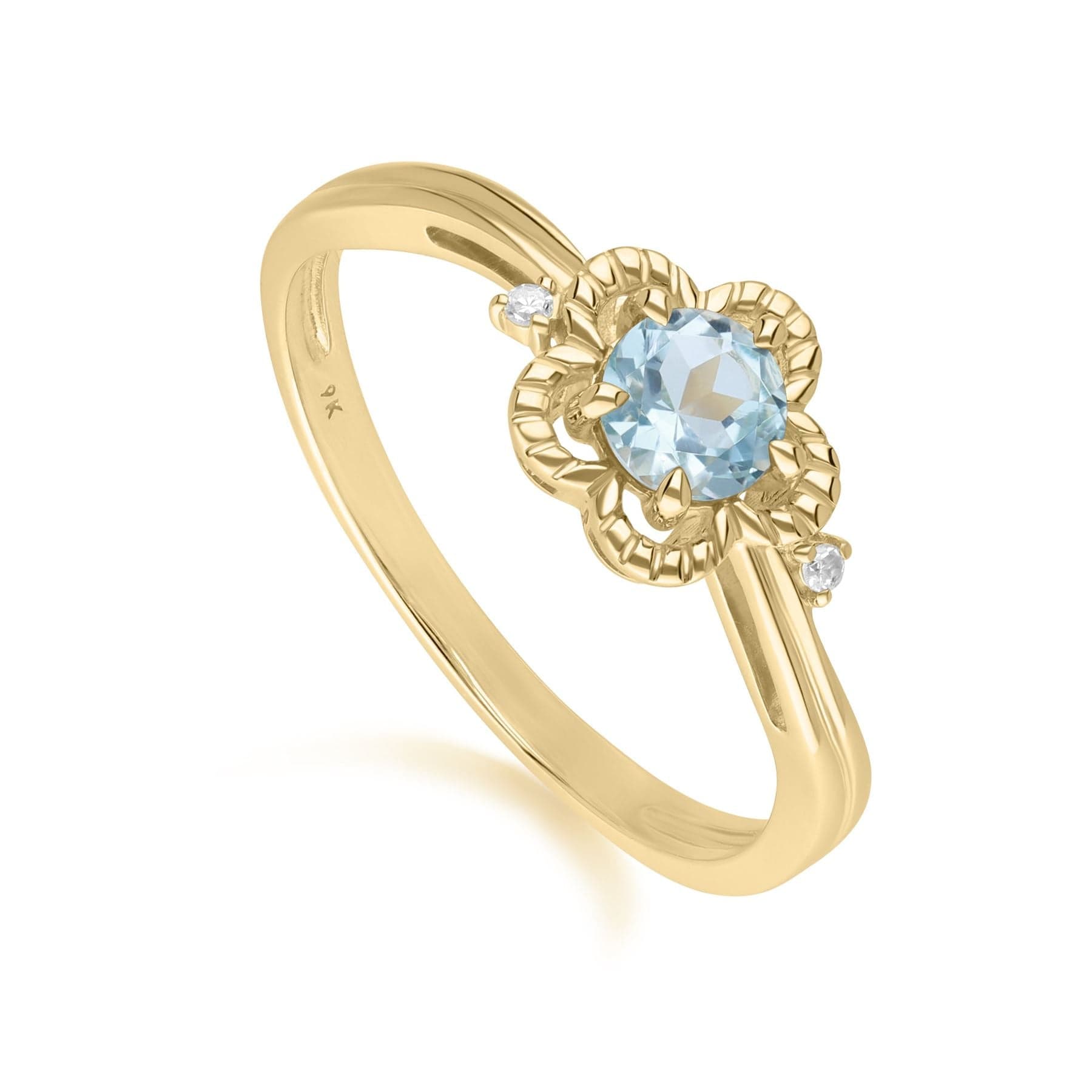 Floral Round Blue Topaz & Diamond Ring in 9ct Yellow Gold - Gemondo