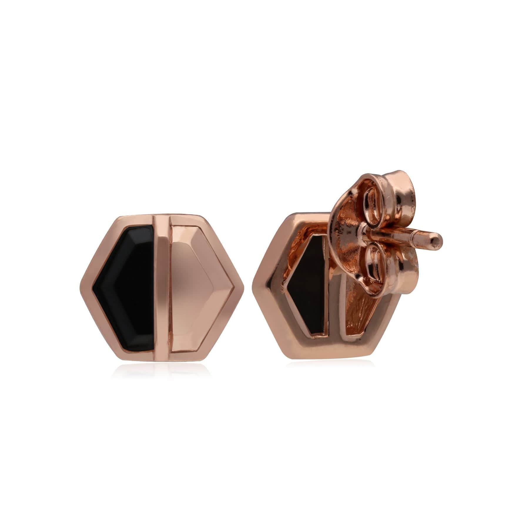 270E029704925 Micro Statement Black Onyx Hexagon Stud Earrings in Rose Gold Plated Silver 2