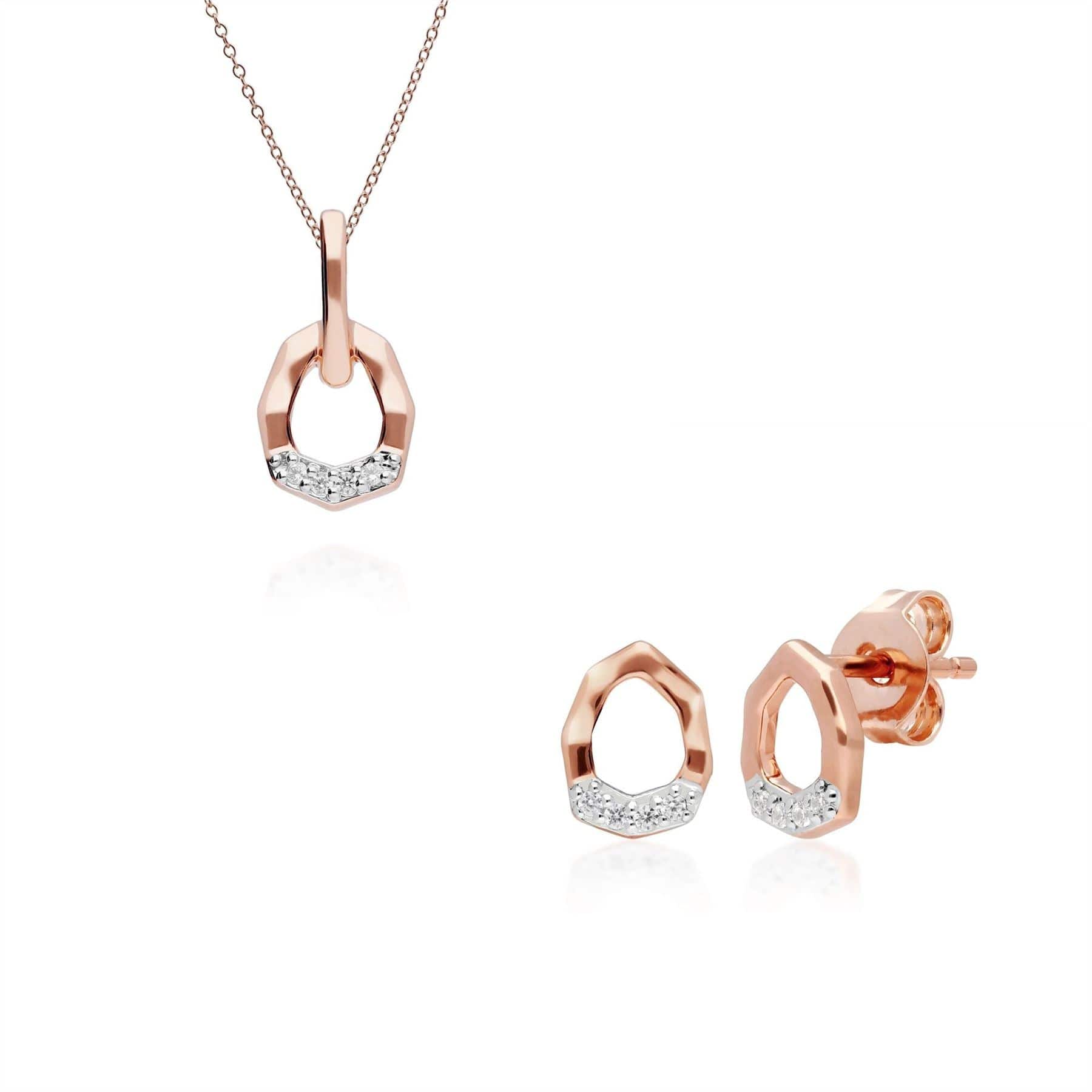 191P0737019-191E0401019 Diamond Pave Asymmetrical Pendant & Stud Earring Set in 9ct Rose Gold 1