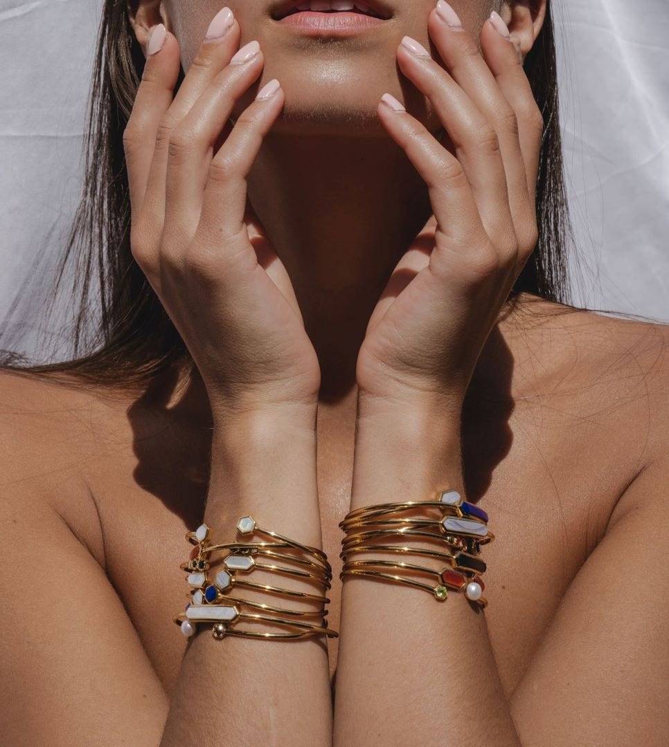 Geometric Prism Mother of Pearl Bangle in Gold Plated Silver - Gemondo