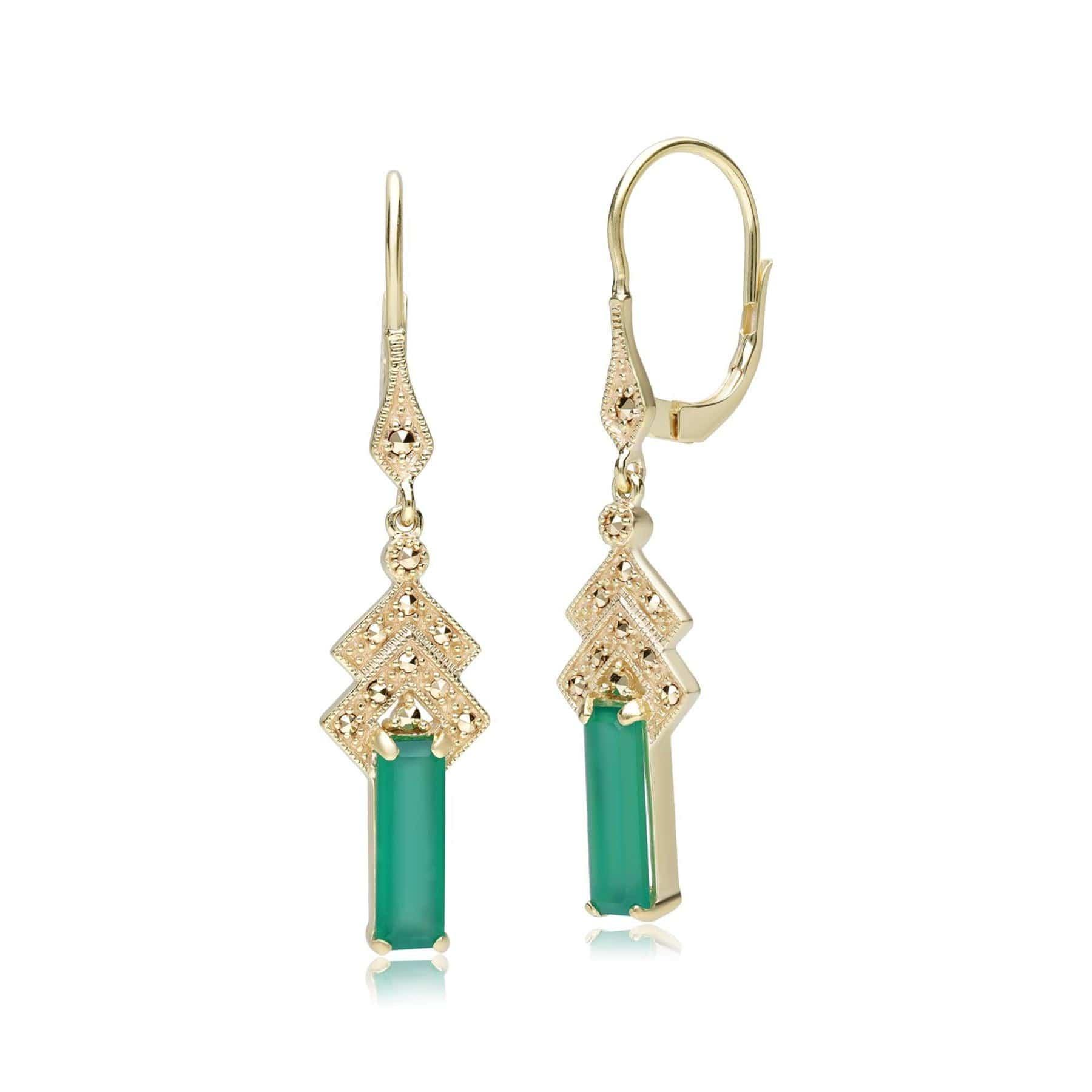 234E037601925 Art Deco Inspired Green Chalcedony & Marcasite Drop Earrings in 18ct Gold Plated Silver 1