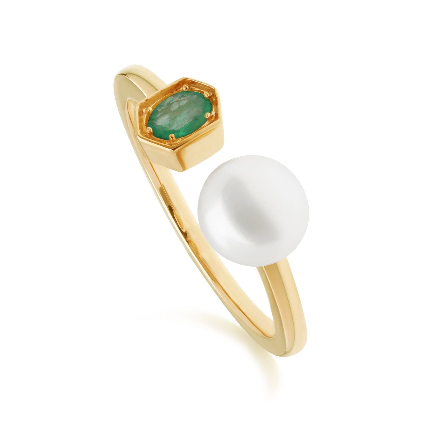 270R058703925 Modern Pearl & Emerald Open Ring in Gold Plated Silver 1