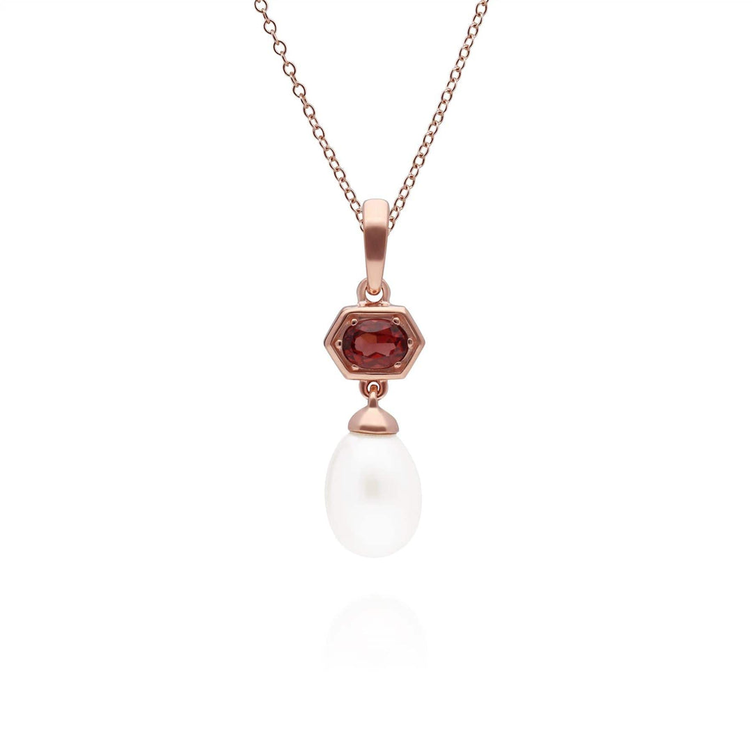 270P030407925 Modern Pearl & Garnet Hexagon Drop Pendant in Rose Gold Plated Silver 1