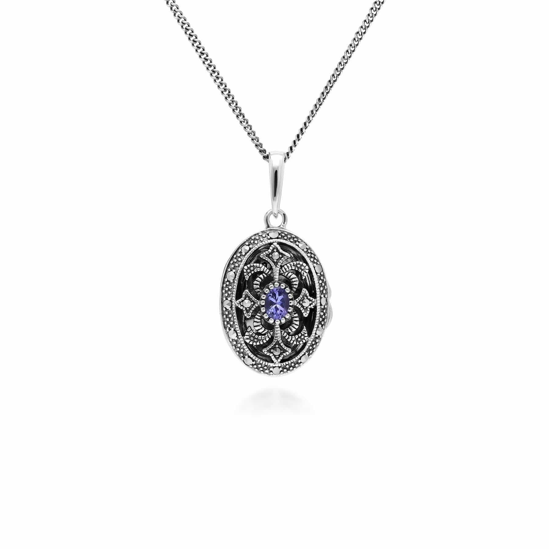 Art Nouveau Style Oval Tanzanite & Marcasite Locket Necklace in 925 Sterling Silver - Gemondo