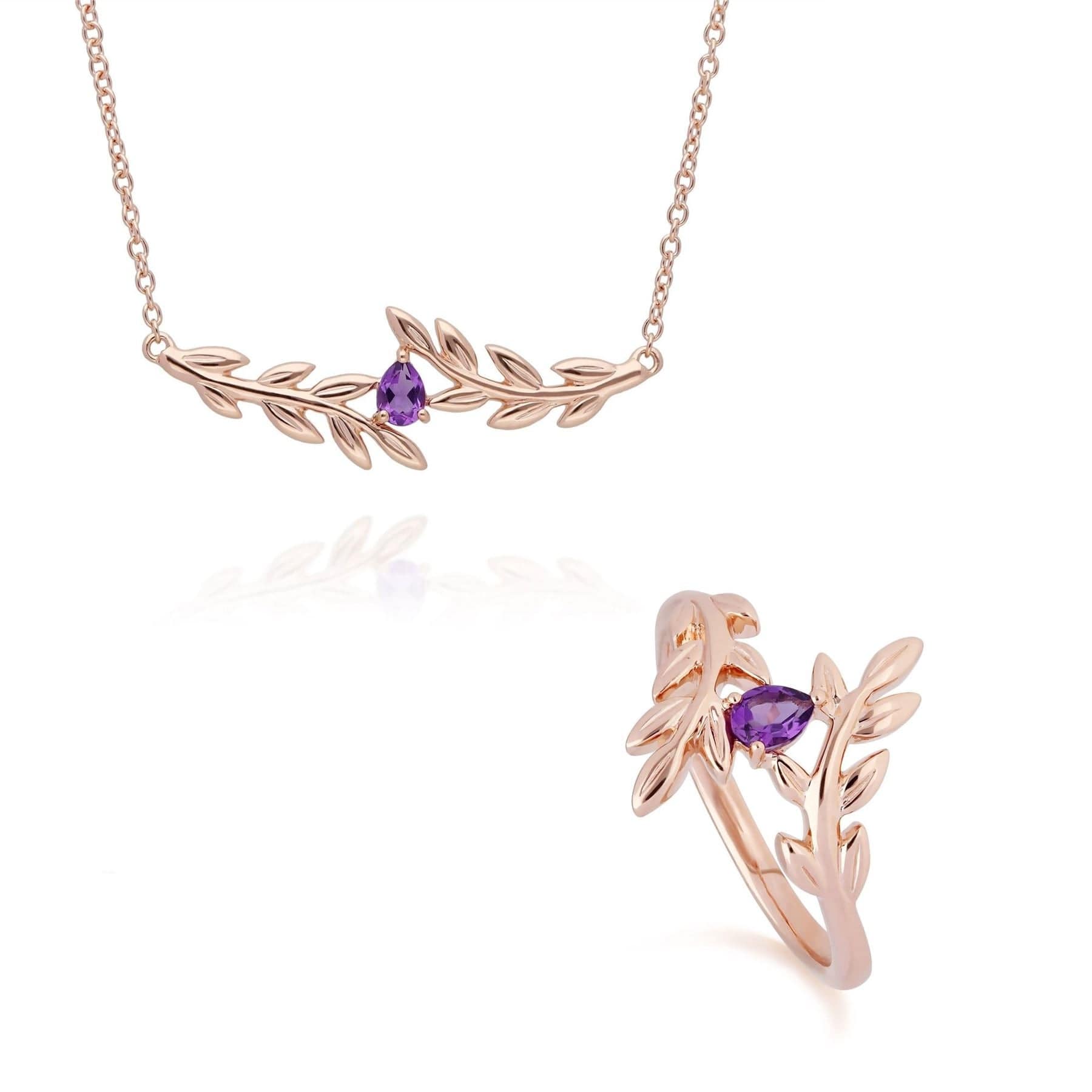 O Leaf Amethyst Necklace & Ring Set in 9ct Rose Gold - Gemondo