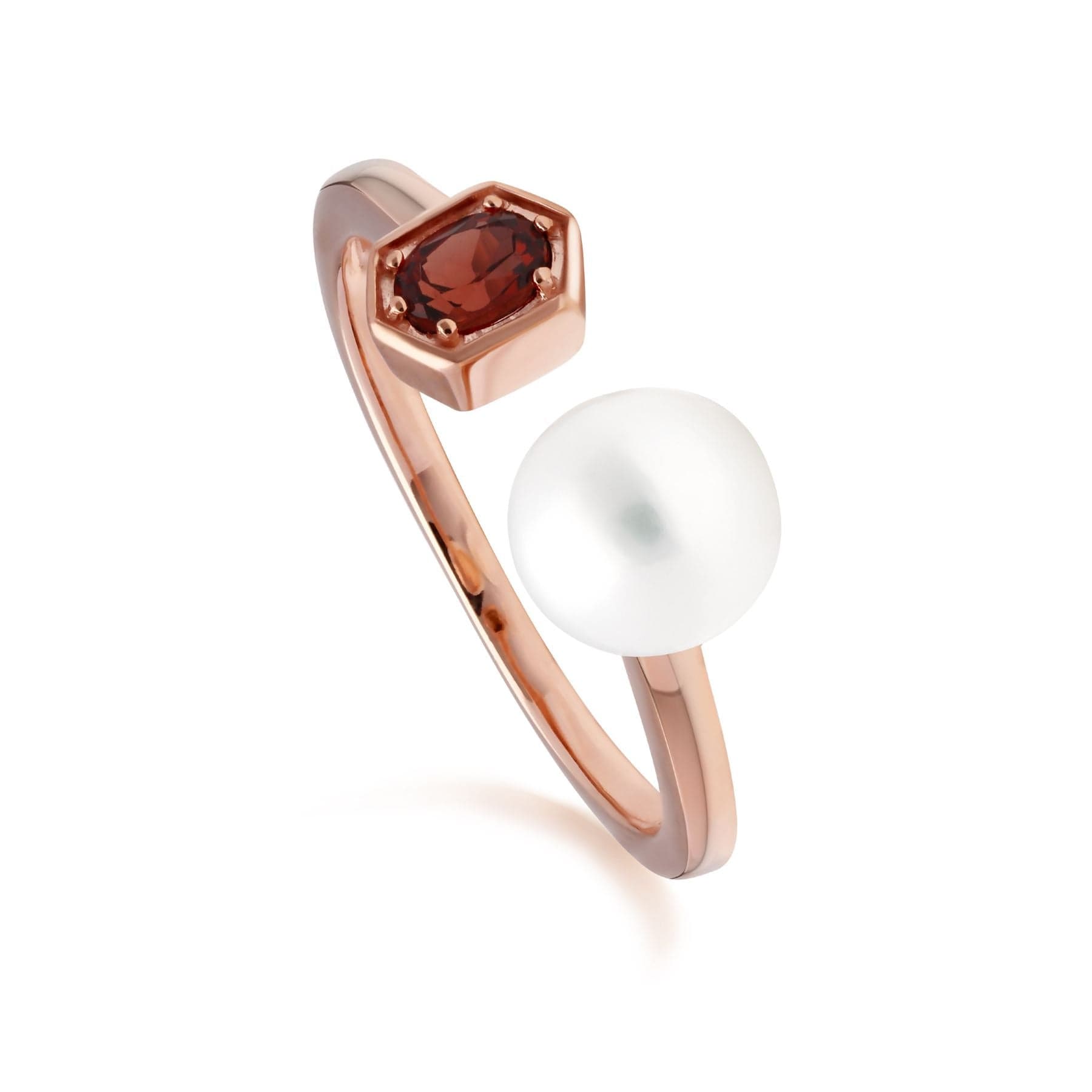 270R058908925 Modern Pearl & Garnet Open Ring in Rose Gold Plated Silver 1