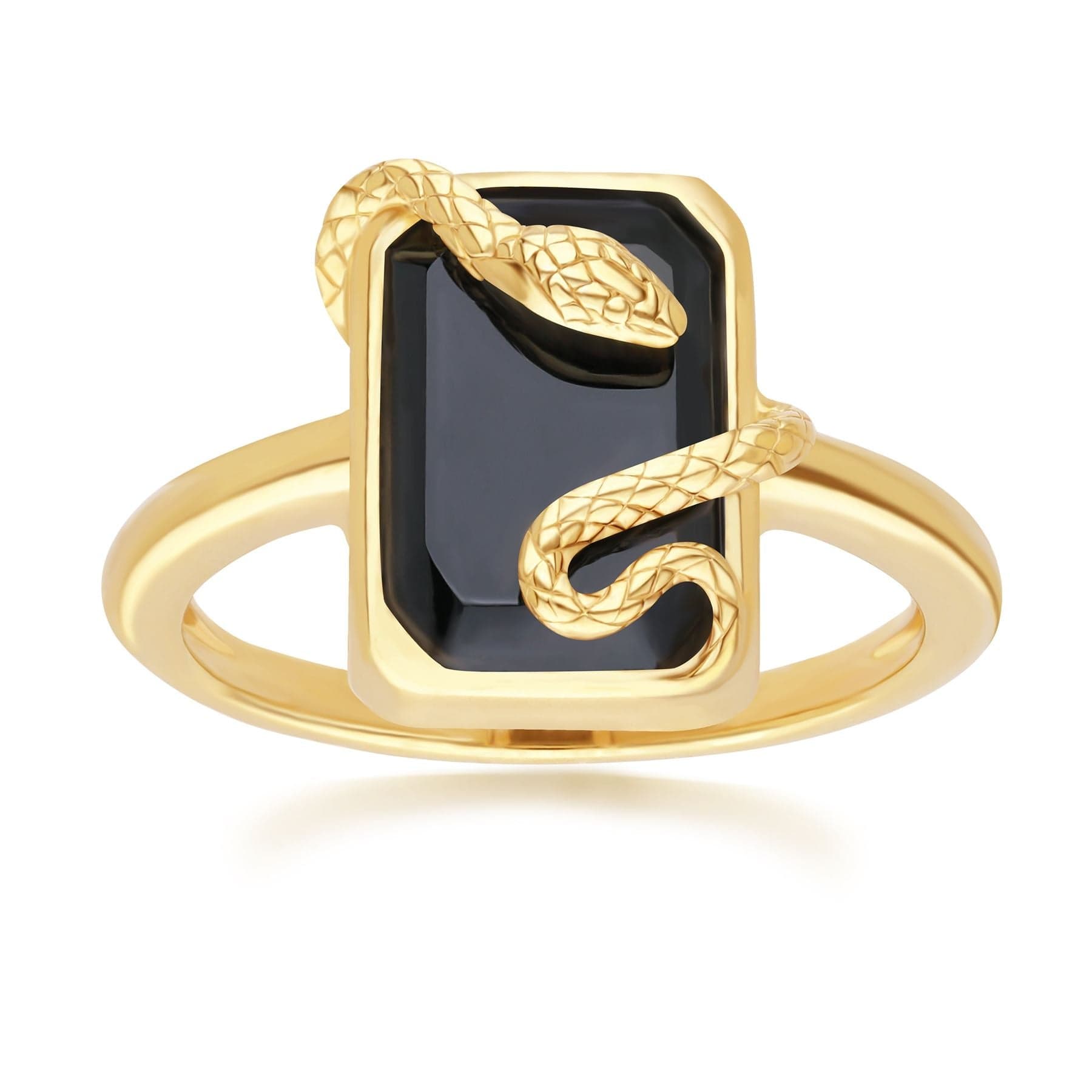Grand Deco Black Onyx Snake Wrap Ring in Gold Plated Sterling Silver - Gemondo