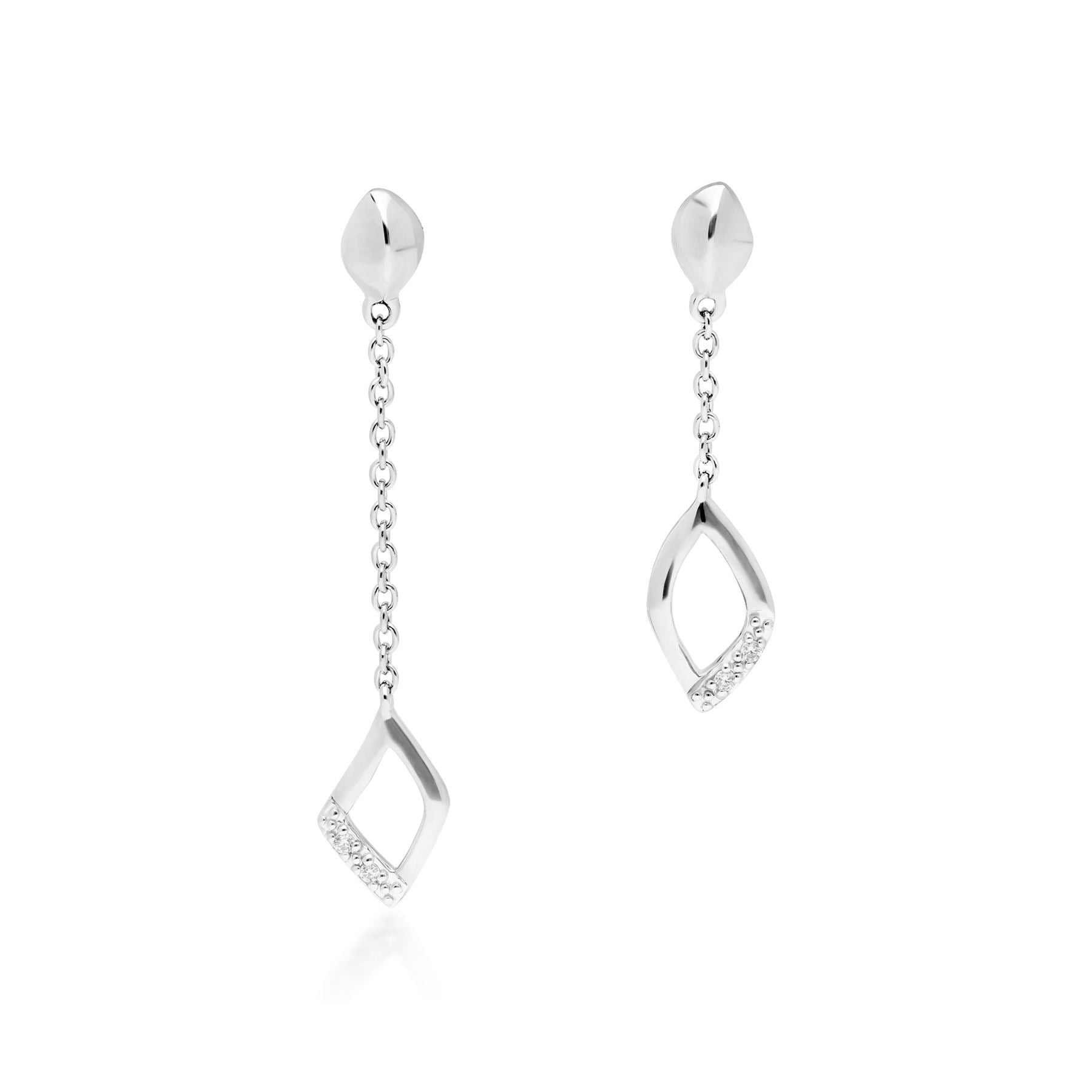 Diamond Pave Mismatched Dangle Drop Chain Earrings in 9ct White Gold
