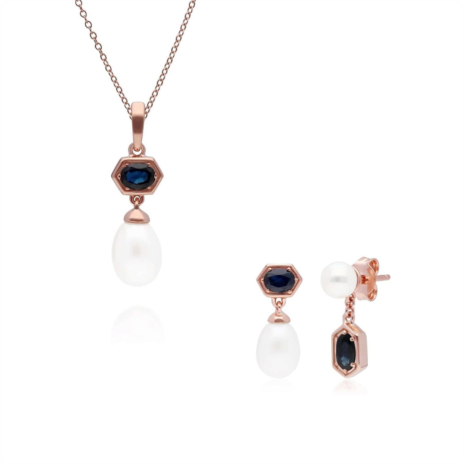 270E030401925-270P030401925 Modern Pearl & Sapphire Pendant & Earring Set in Rose Gold Plated Silver 1