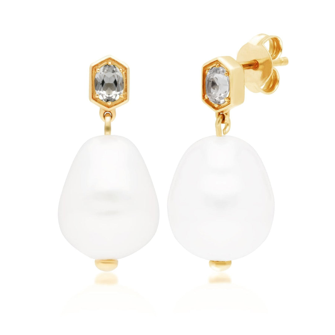 270E028210925 Modern Baroque Pearl & White Topaz Drop Earrings in Gold Plated Silver 1