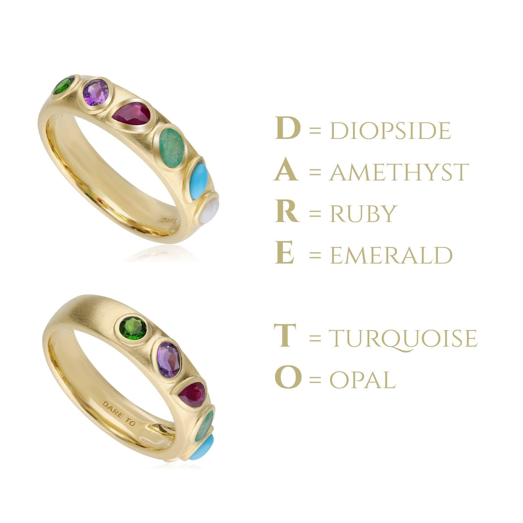 253R664101925 Coded Whispers 'Dare To' Acrostic Gemstone Ring In Yellow Gold Plated Silver 6