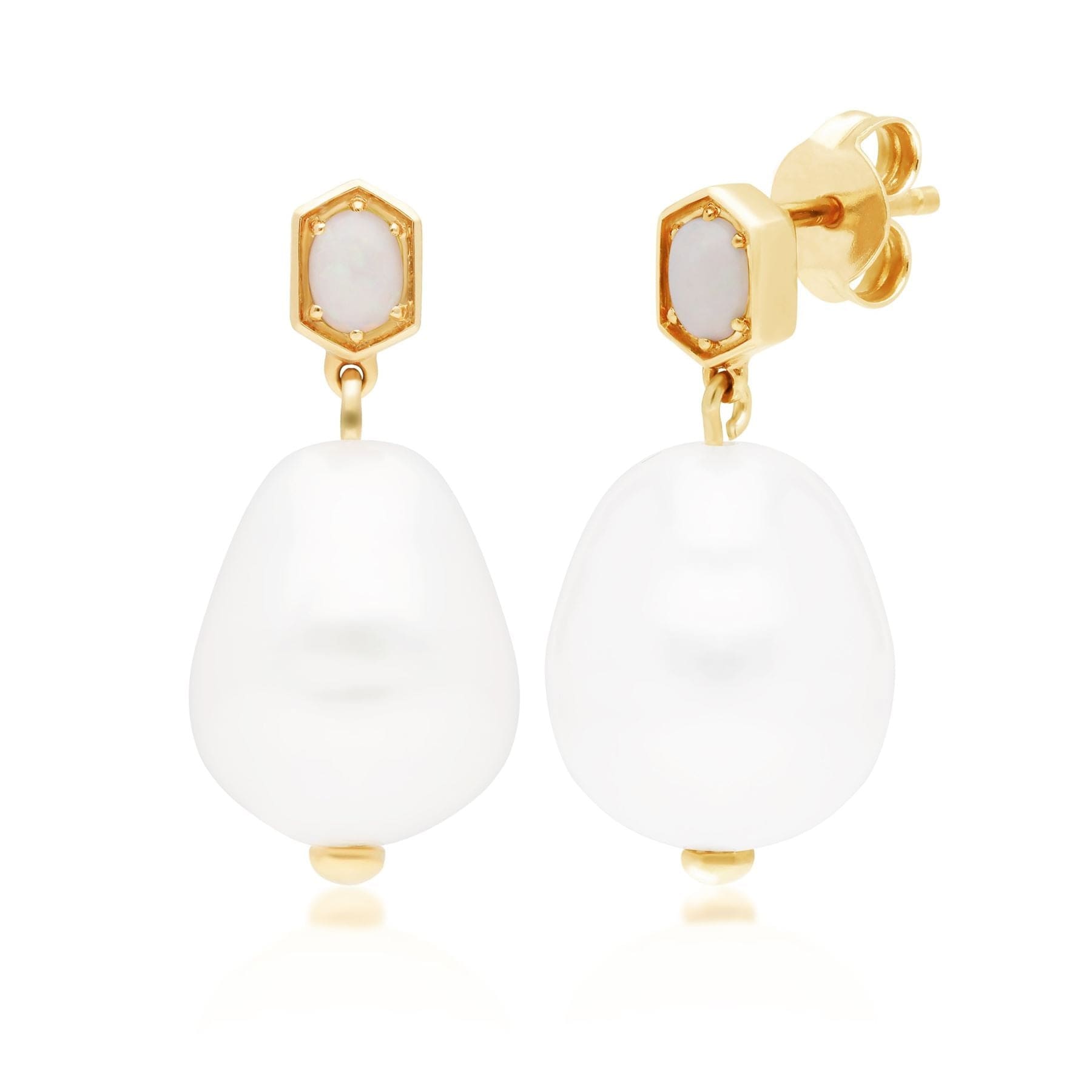 270E030801925 Modern Baroque Pearl & Opal Drop Earrings in Gold Plated Silver 1
