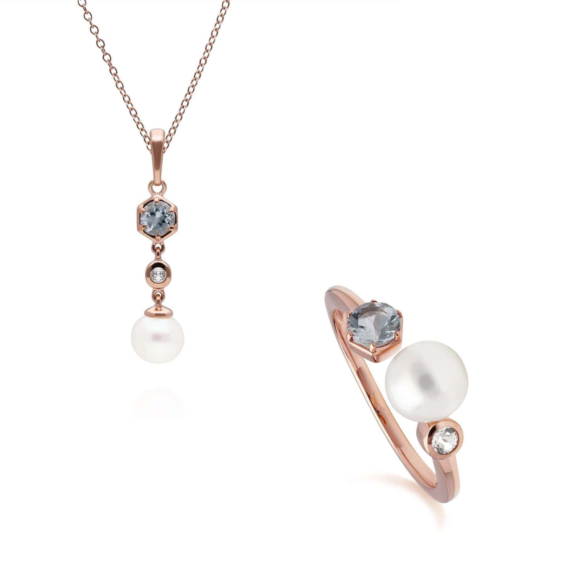 270P030305925-270R058805925 Modern Pearl, Aquamarine & Topaz Pendant & Ring Set in Rose Gold Plated Silver 1