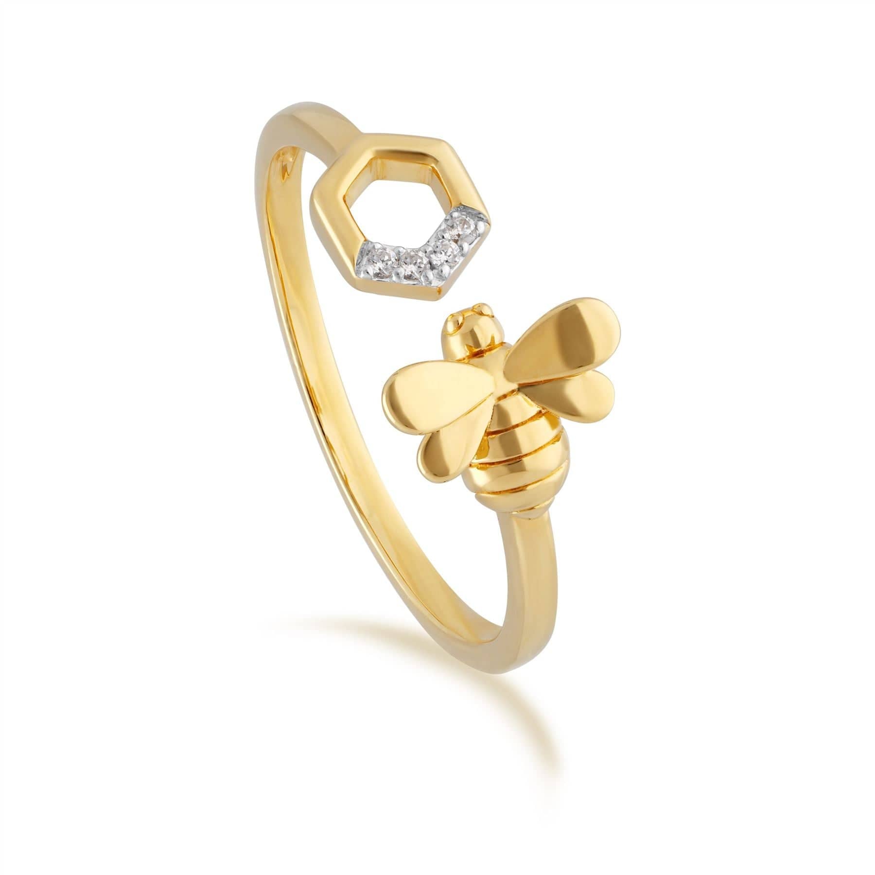 191R0916019 Honeycomb Inspired Diamond Bee Open Ring in 9ct Yellow Gold 1