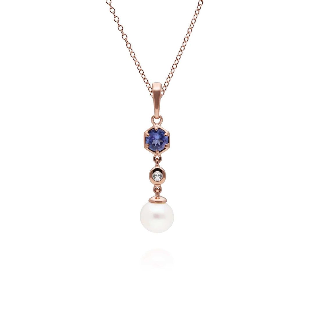 270P030308925 Modern Pearl, Tanzanite & Topaz Drop Pendant in Rose Gold Plated Silver 1