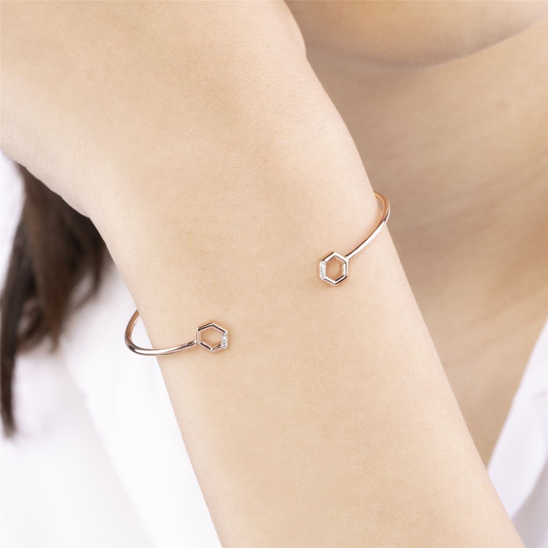 Diamond Pavé Hexagon Open Bangle in 9ct Rose Gold Model Image