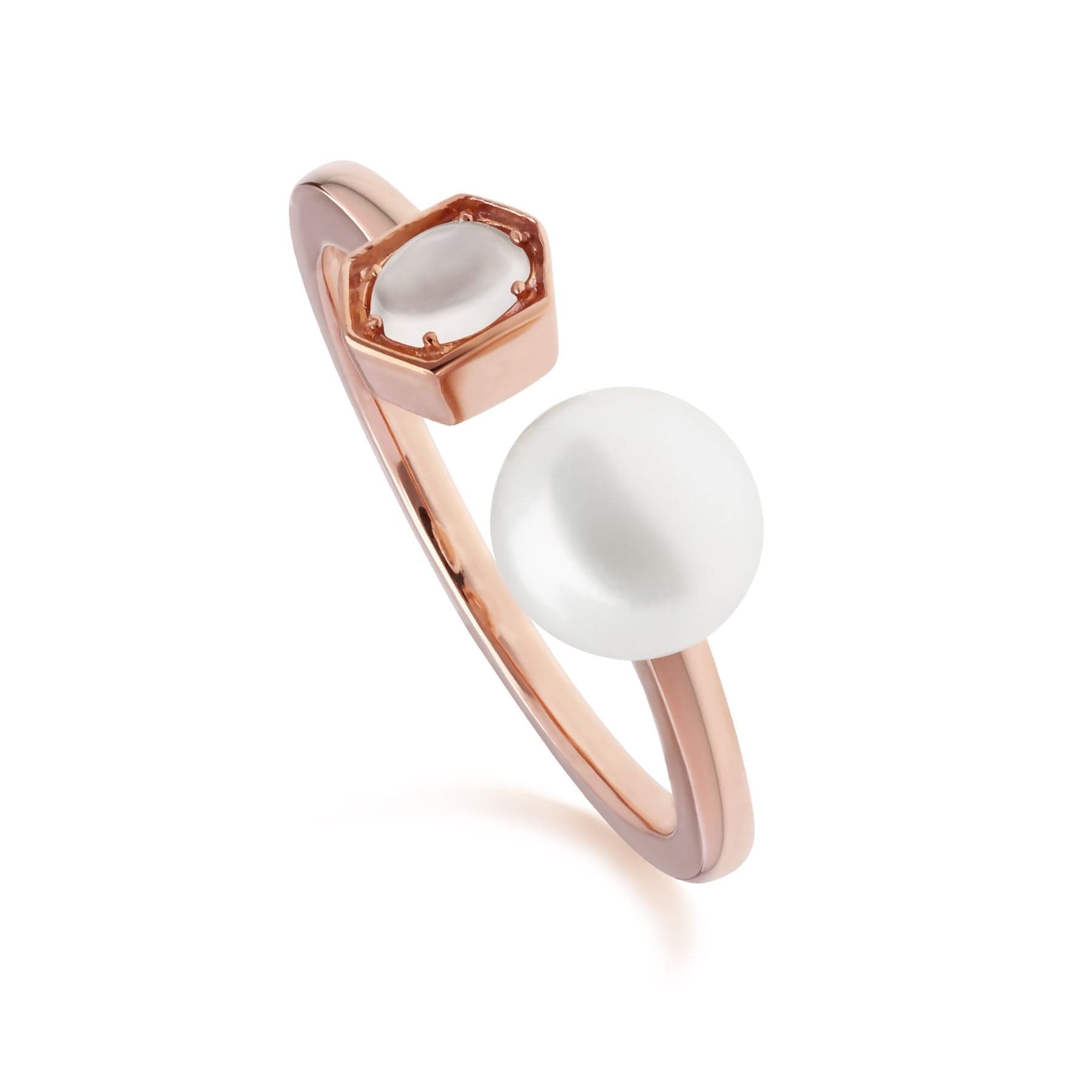 270R059202925 Modern Pearl & Moonstone Open Ring in Rose Gold Plated Silver 1
