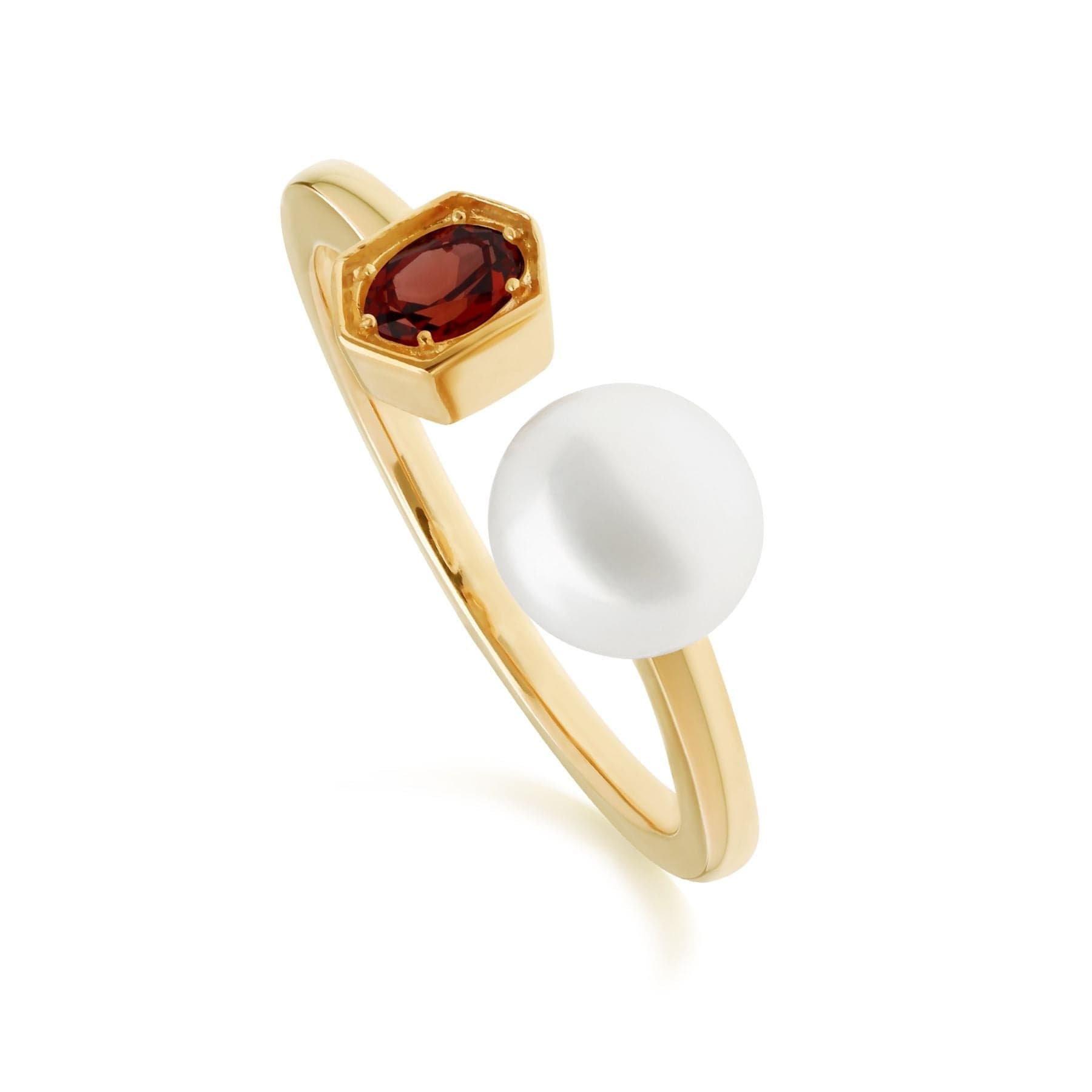 Modern Pearl & Garnet Open Ring in Gold Plated Sterling Silver