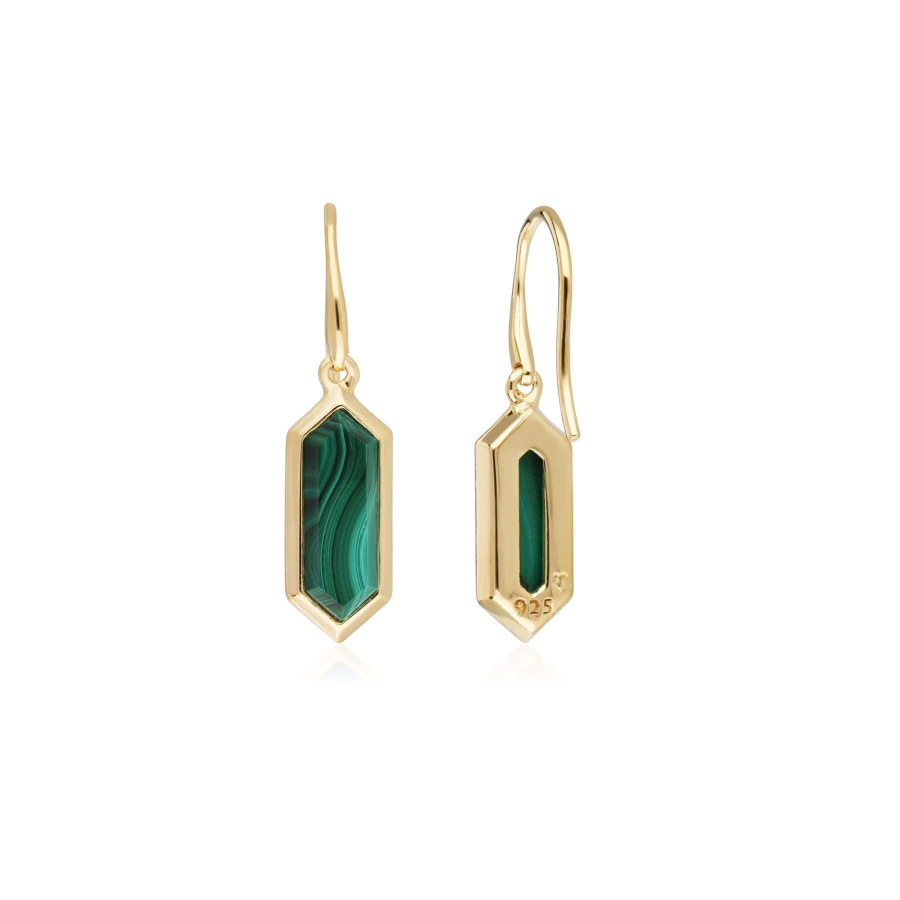 Geometric Hexagon Malachite Drop Earrings in Gold Plated Silver - Gemondo