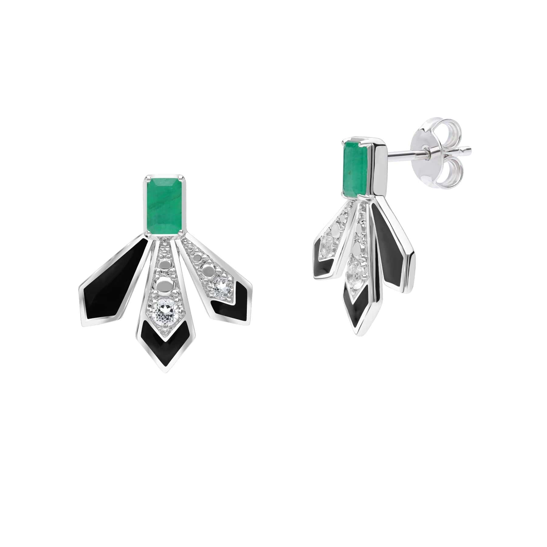 Grand Deco Emerald & White Topaz Fan Earrings In Sterling Silver - Gemondo
