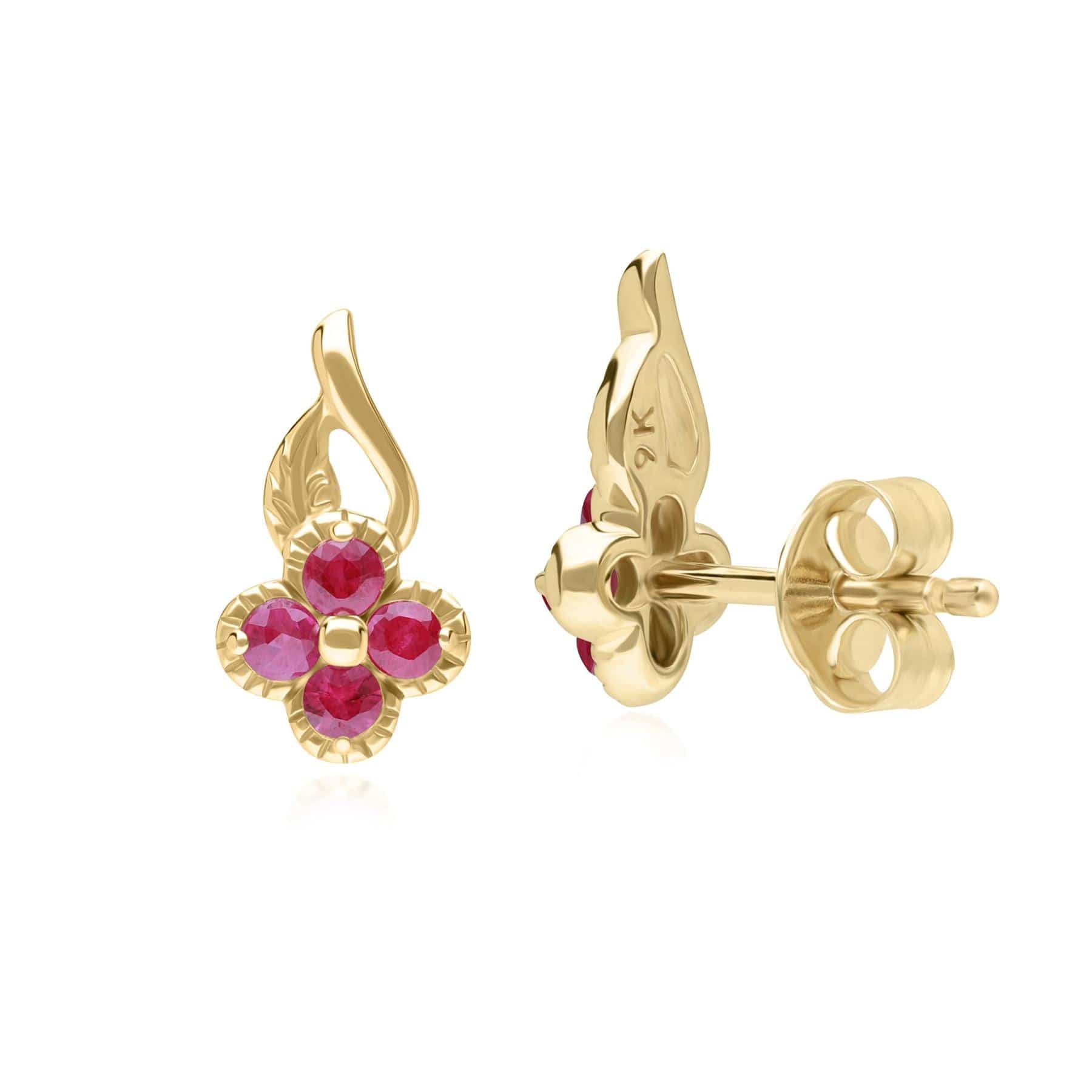 135E1812039 Floral Round Ruby Stud Earrings in 9ct Yellow Gold 3