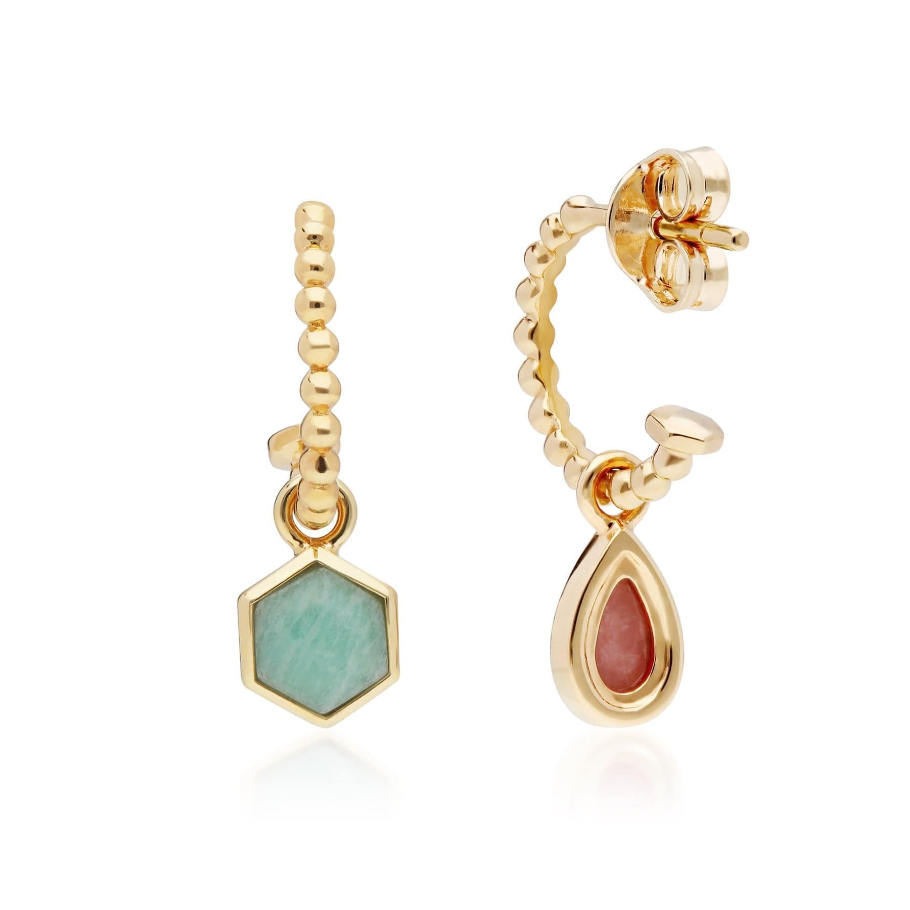 270E027401925 Micro Statement Rhodochrosite & Amazonite Mismatched Hoop Earrings In Yellow Gold Plated Silver 5