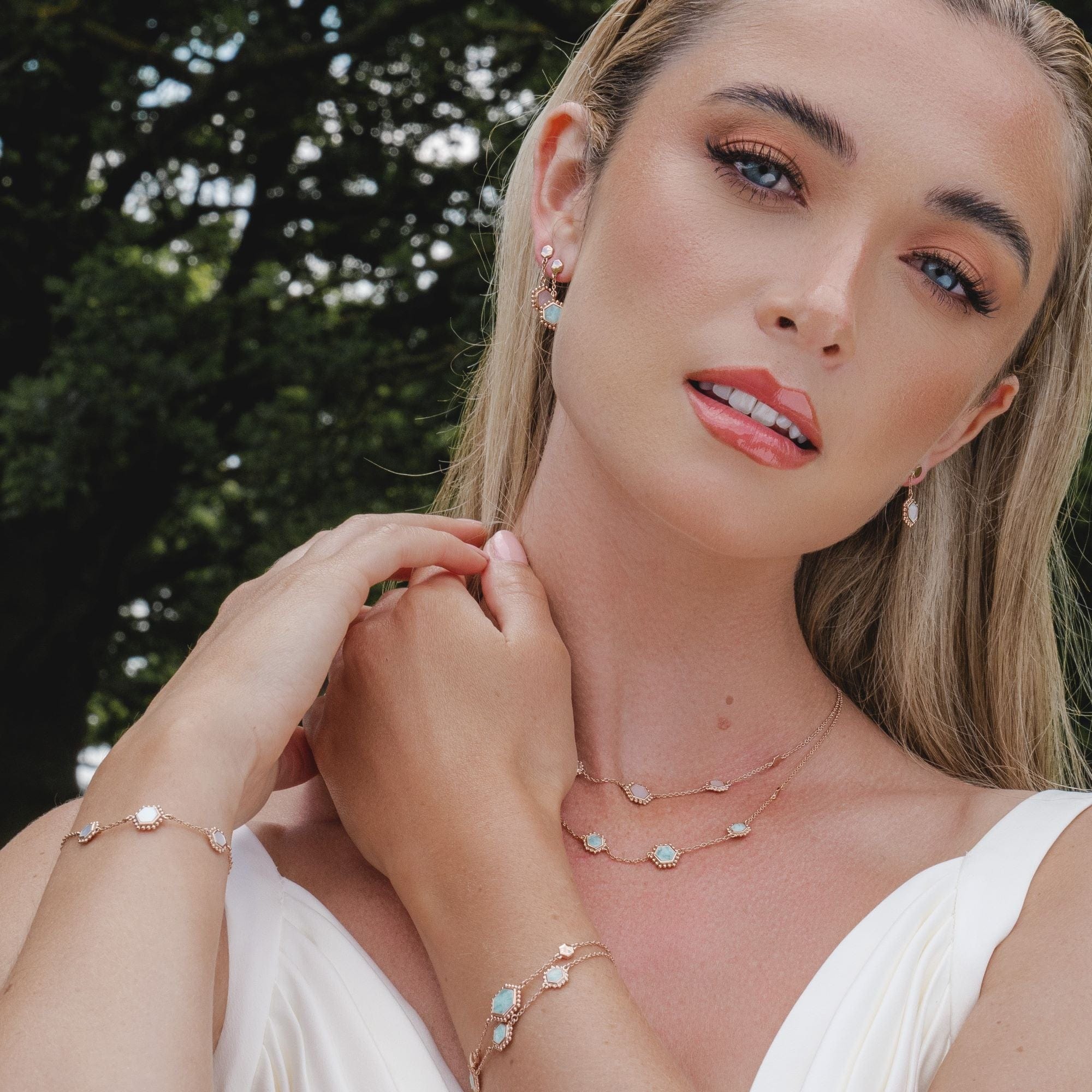 271E020605925 Amazonite Flat Slice Hex Drop Earrings in Rose Gold Plated Silver 2