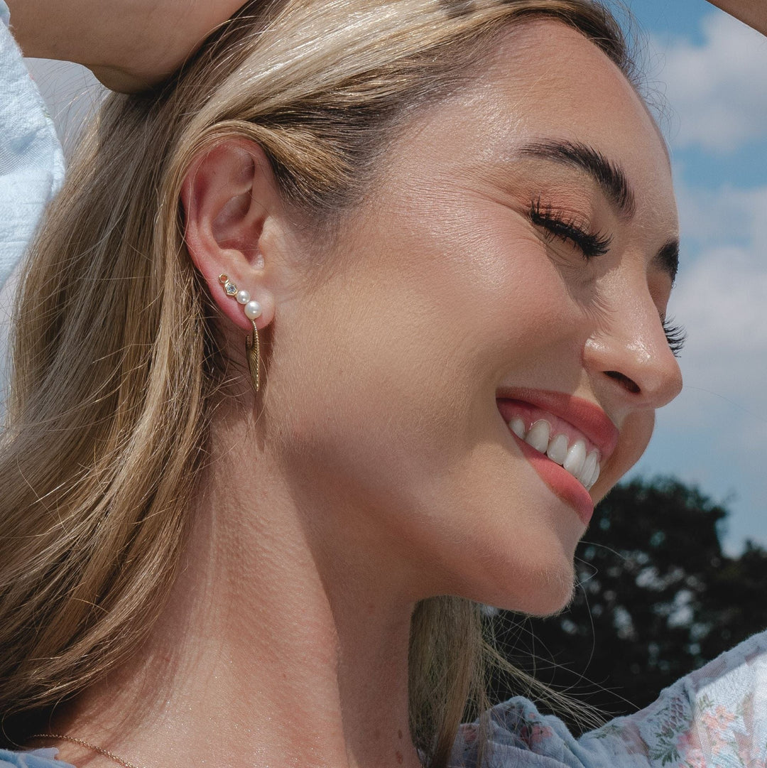 135E1632019 Modern Pearl & Blue Topaz Ear Climber Studs in 9ct Yellow Gold 3