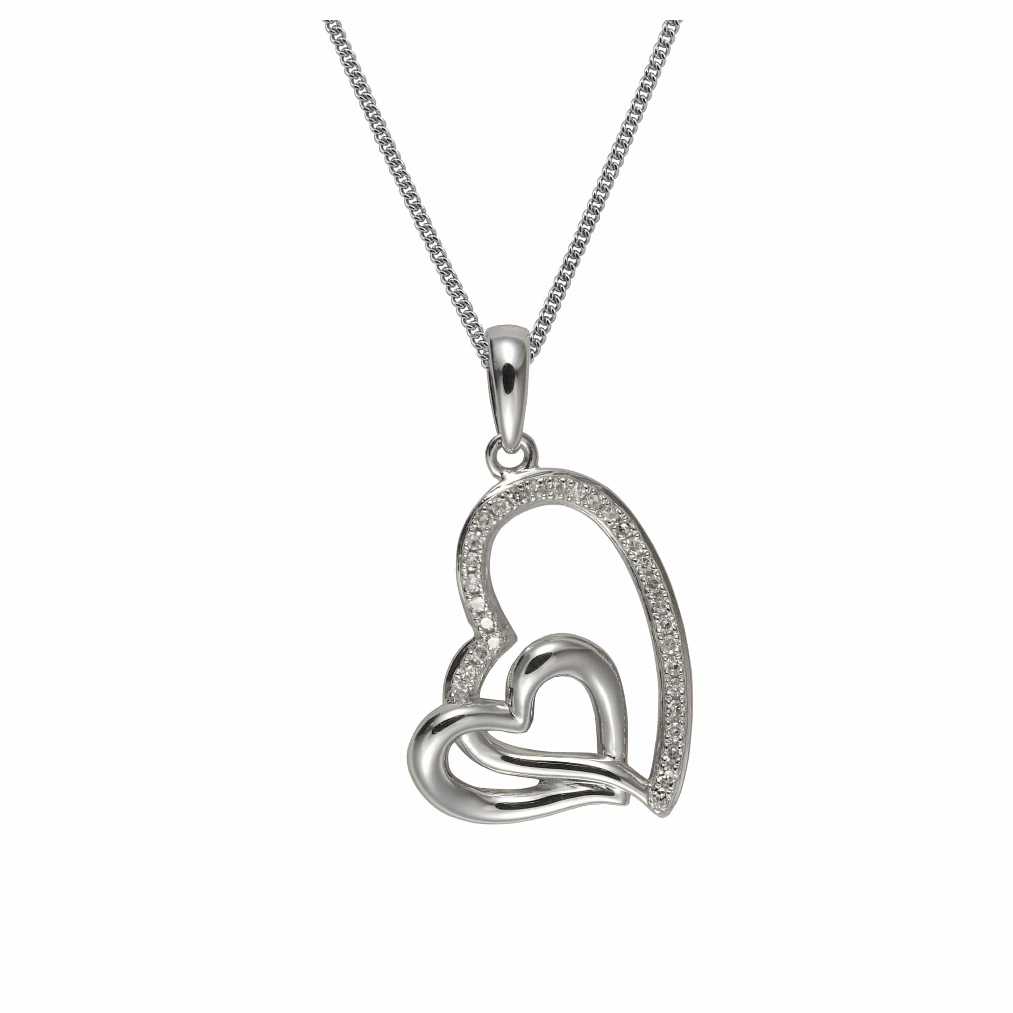 53252P008 Contemporary Style Round Diamond Double Heart Pendant & Chain in 375 White Gold  1